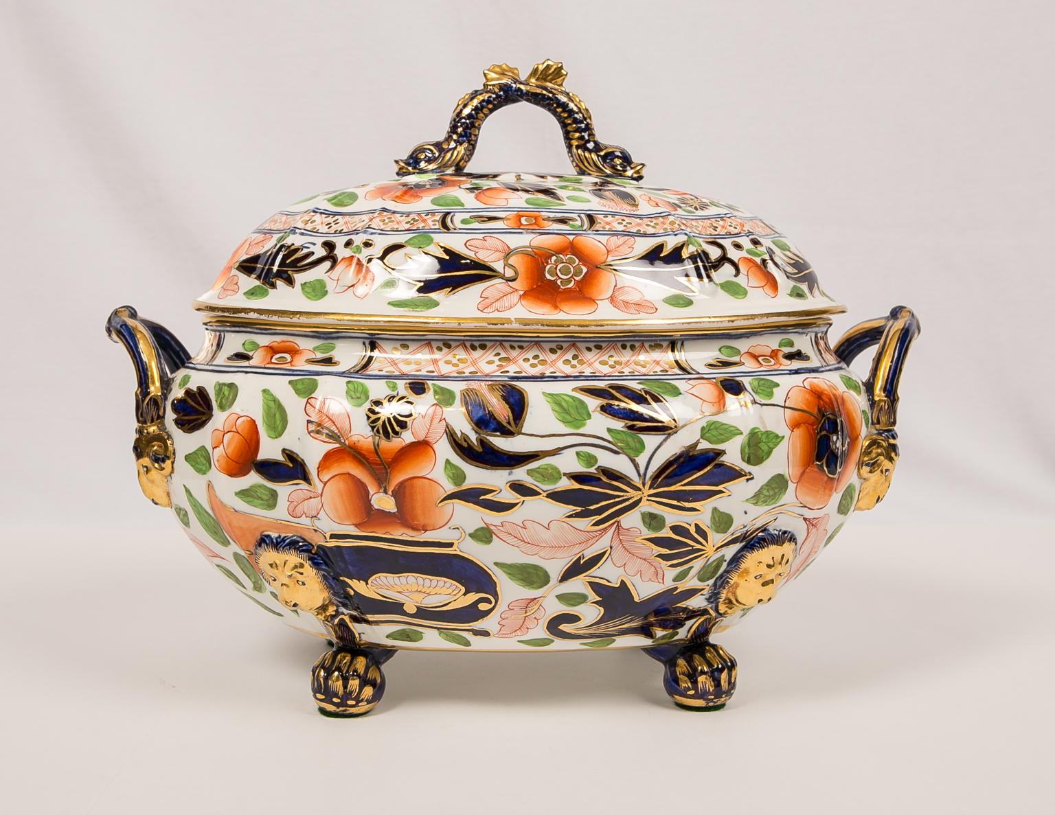 Chinoiserie Antique English Imari Soup Tureen and Stand