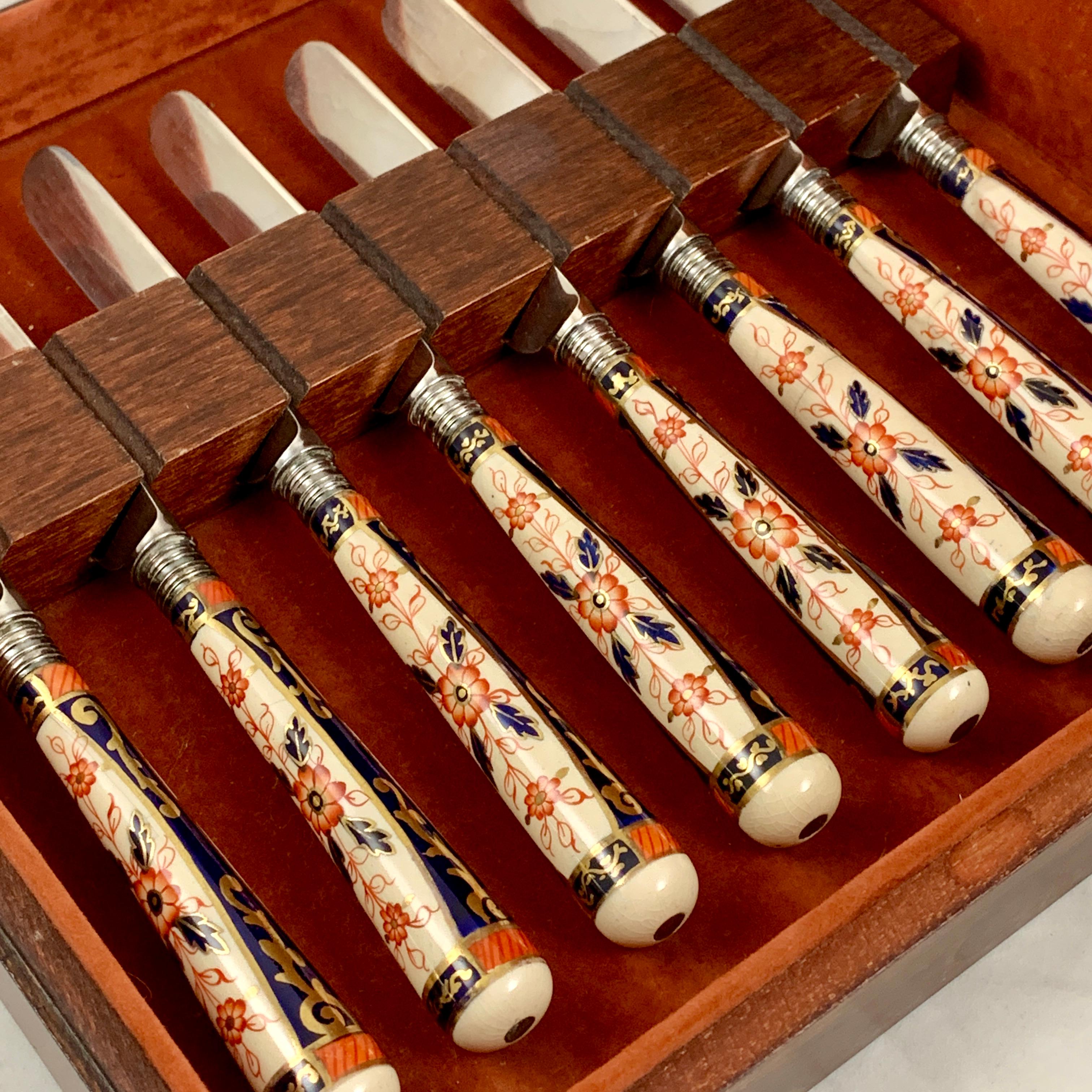 English Imari Style Porcelain Handled Silver Table Knives, a Cased Set of Eight For Sale 1