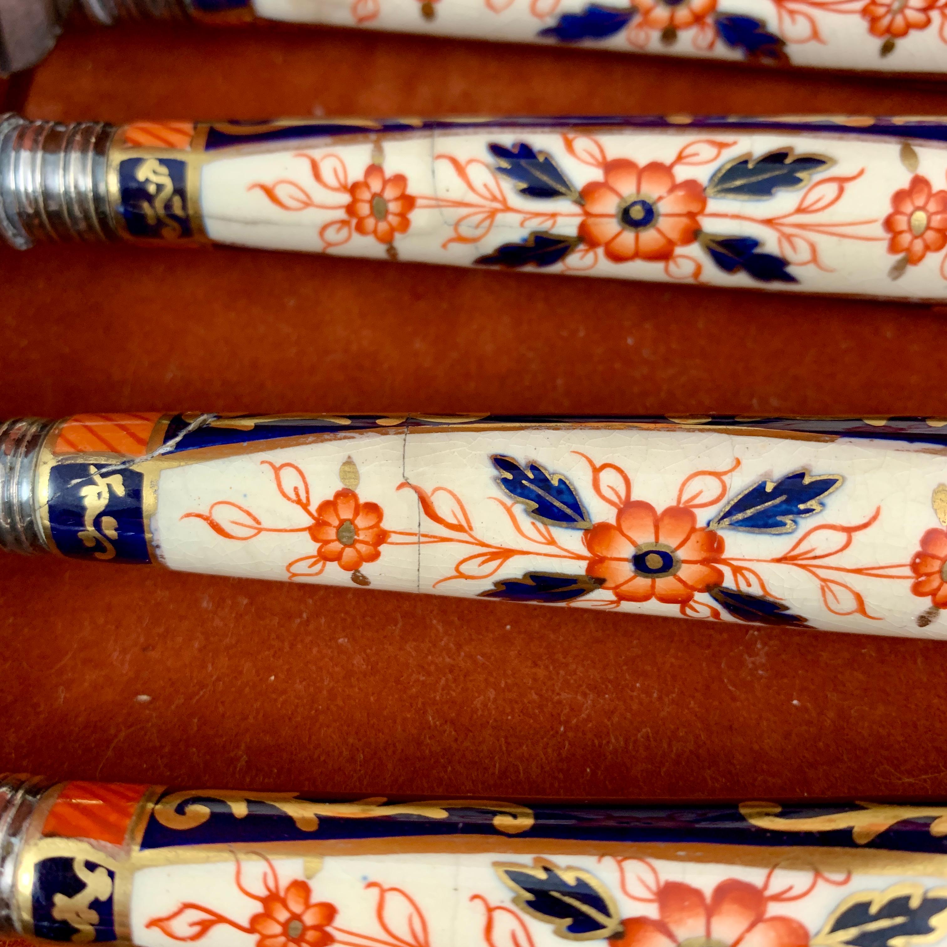 English Imari Style Porcelain Handled Silver Table Knives, a Cased Set of Eight For Sale 3