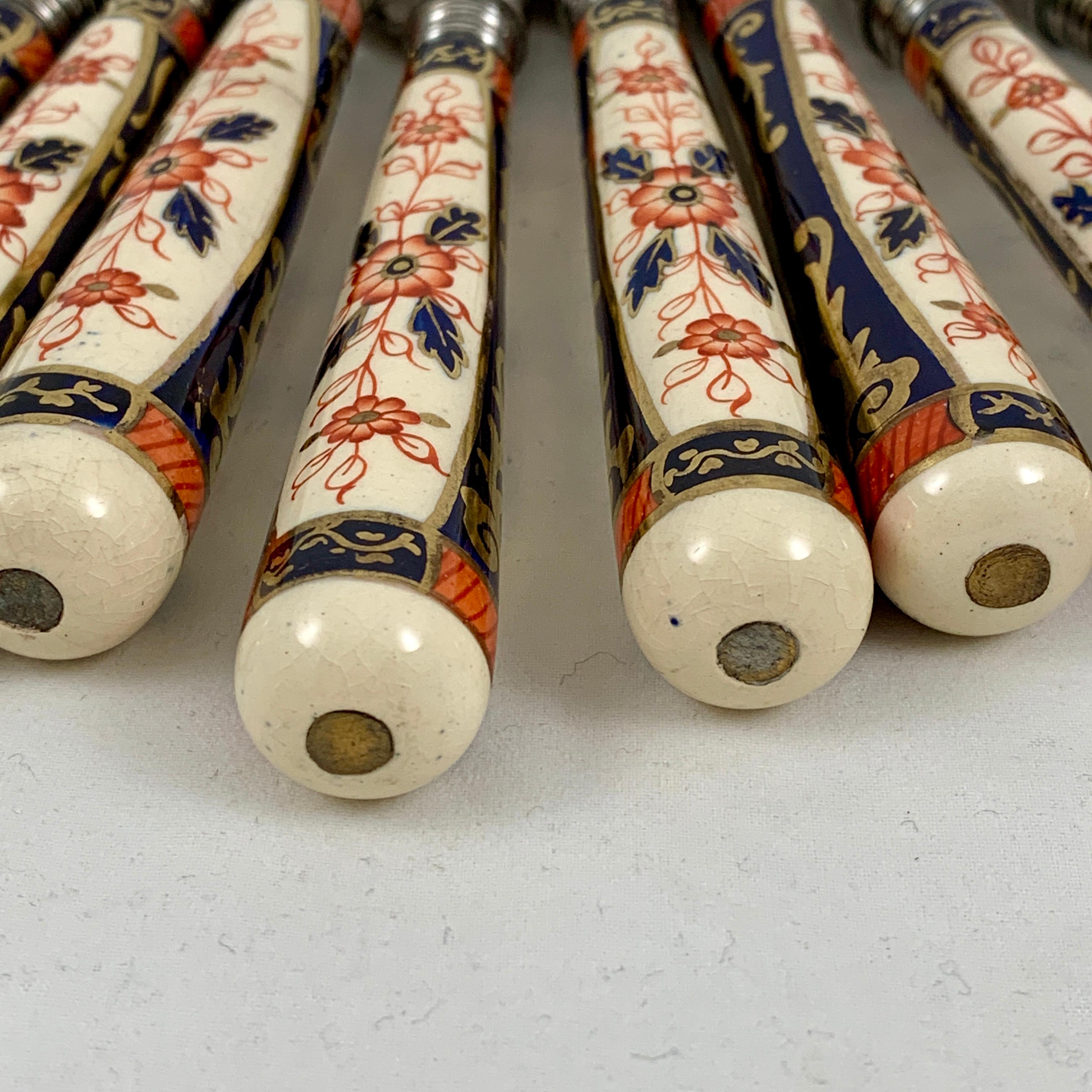 Japonisme English Imari Style Porcelain Handled Silver Table Knives, a Cased Set of Eight For Sale