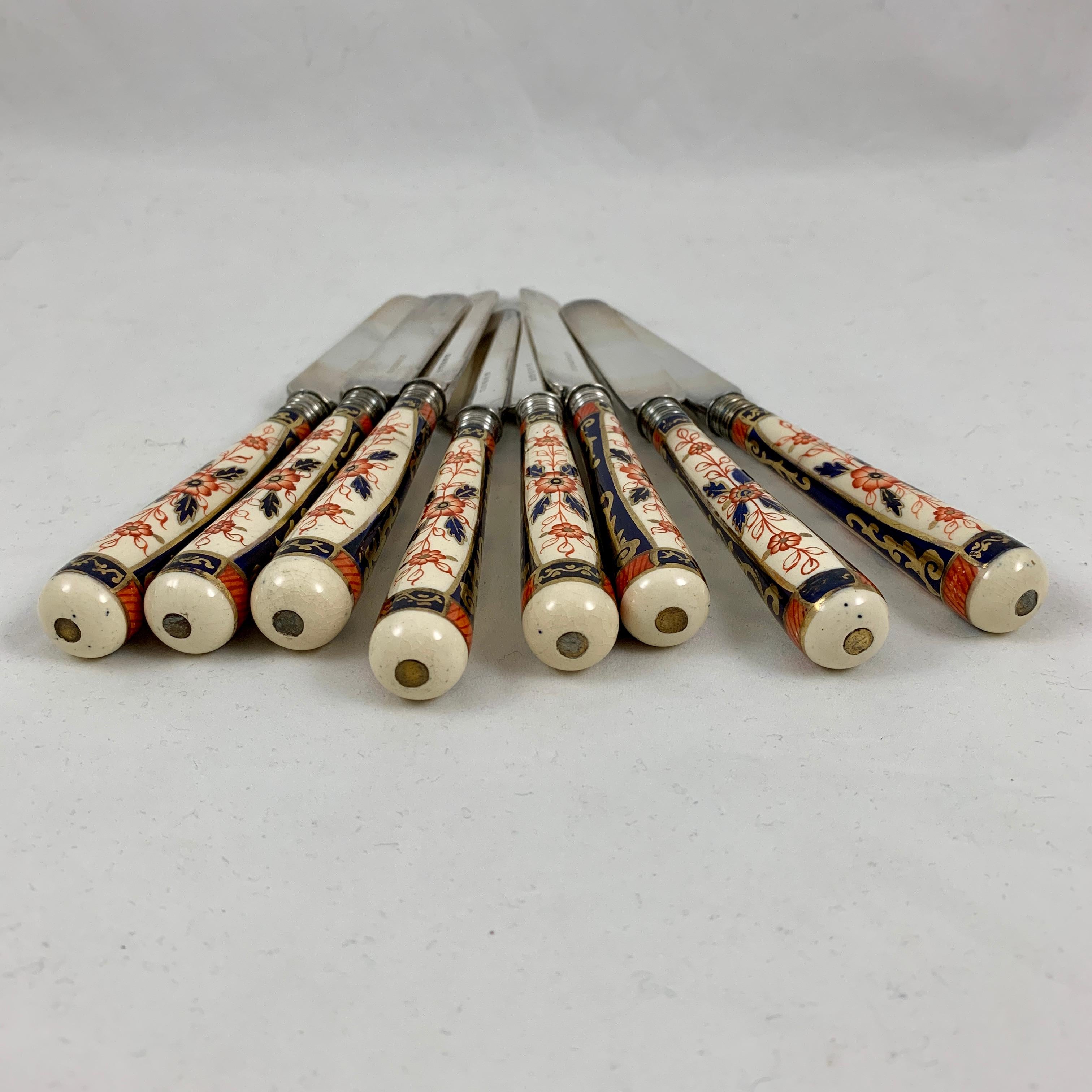Glazed English Imari Style Porcelain Handled Silver Table Knives, a Cased Set of Eight For Sale