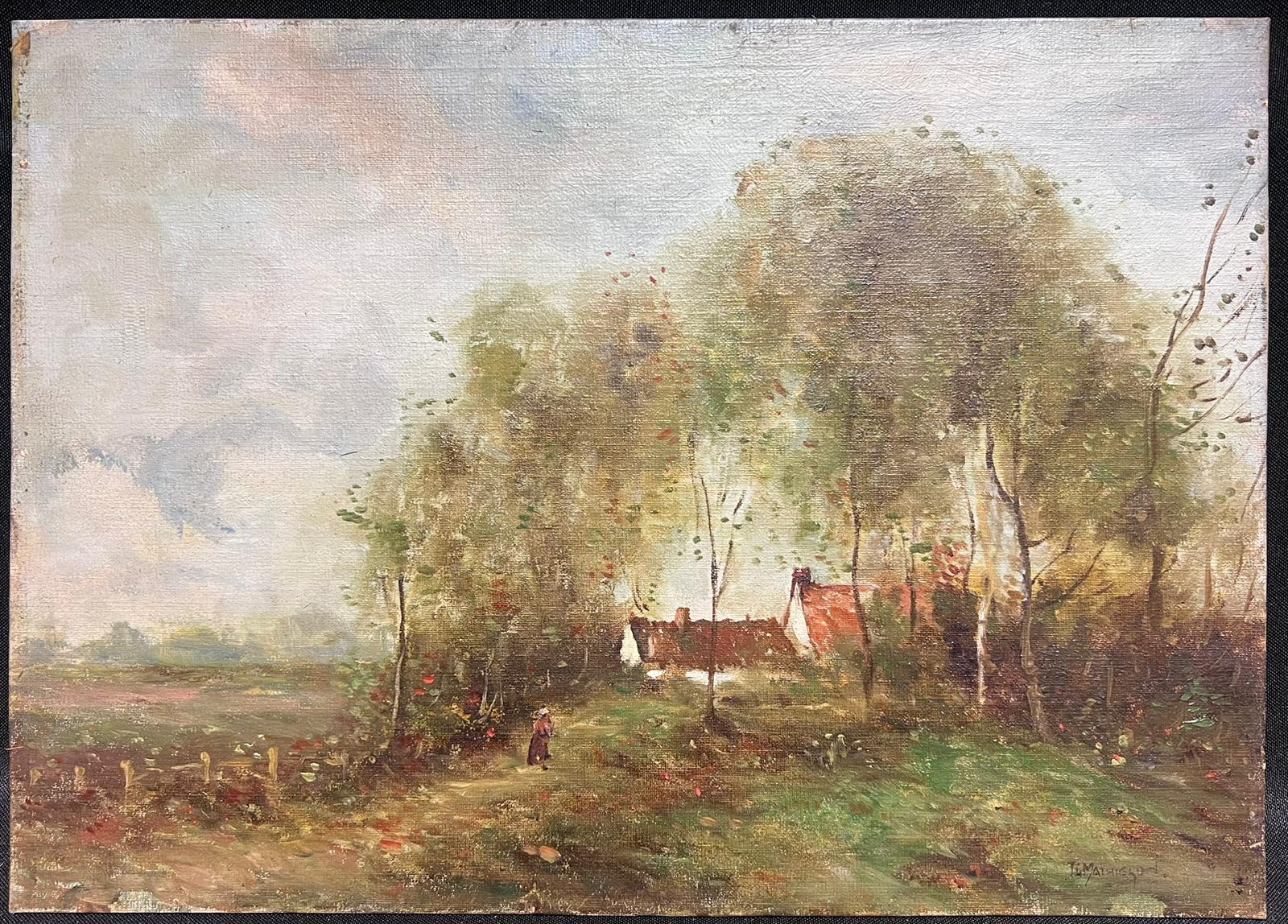 Peinture à l'huile impressionniste anglaise signée Figure dans un paysage balayé par le vent Arbres - Painting de English Impressionist 