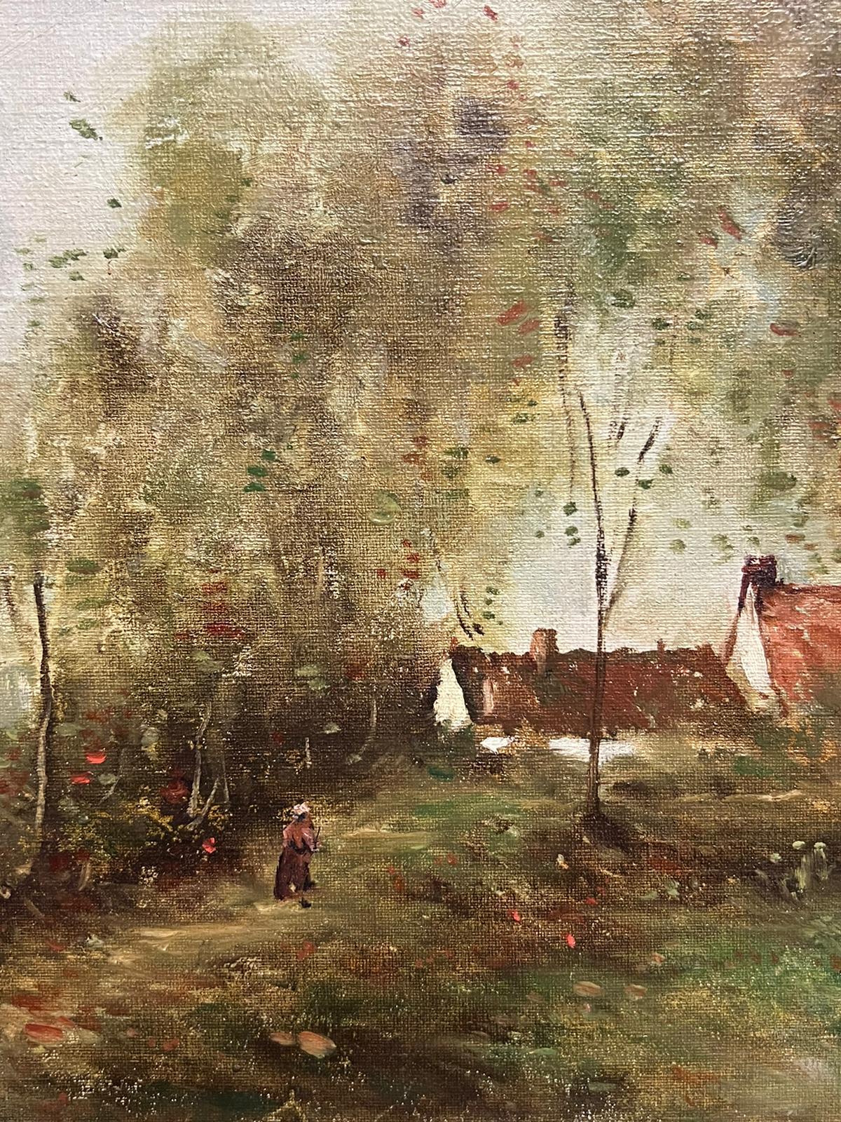 Peinture à l'huile impressionniste anglaise signée Figure dans un paysage balayé par le vent Arbres en vente 1
