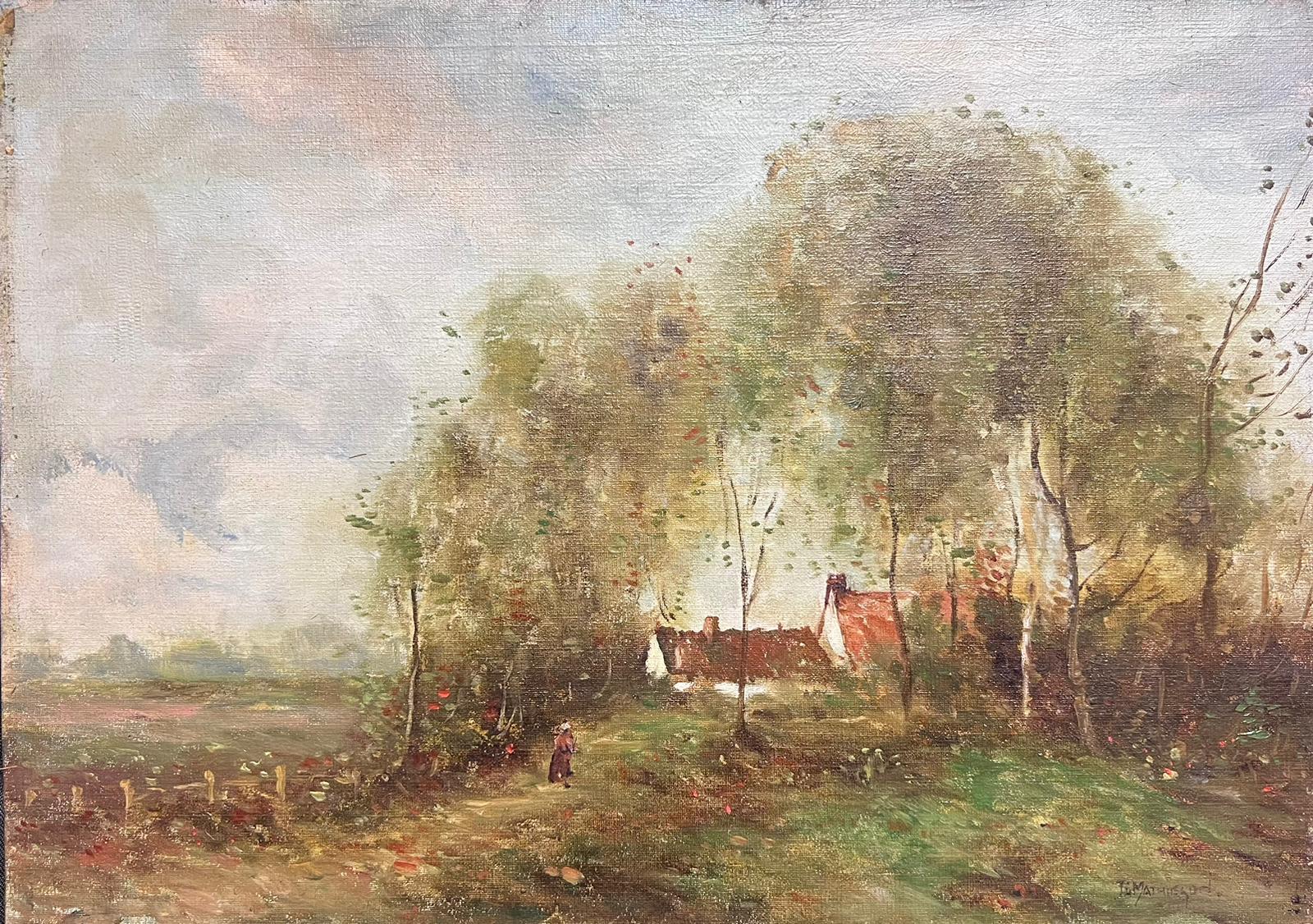 Signed English Impressionist Oil Painting Figure in Windswept Landscape Trees