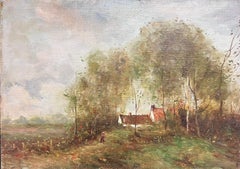 Peinture à l'huile impressionniste anglaise signée Figure dans un paysage balayé par le vent Arbres