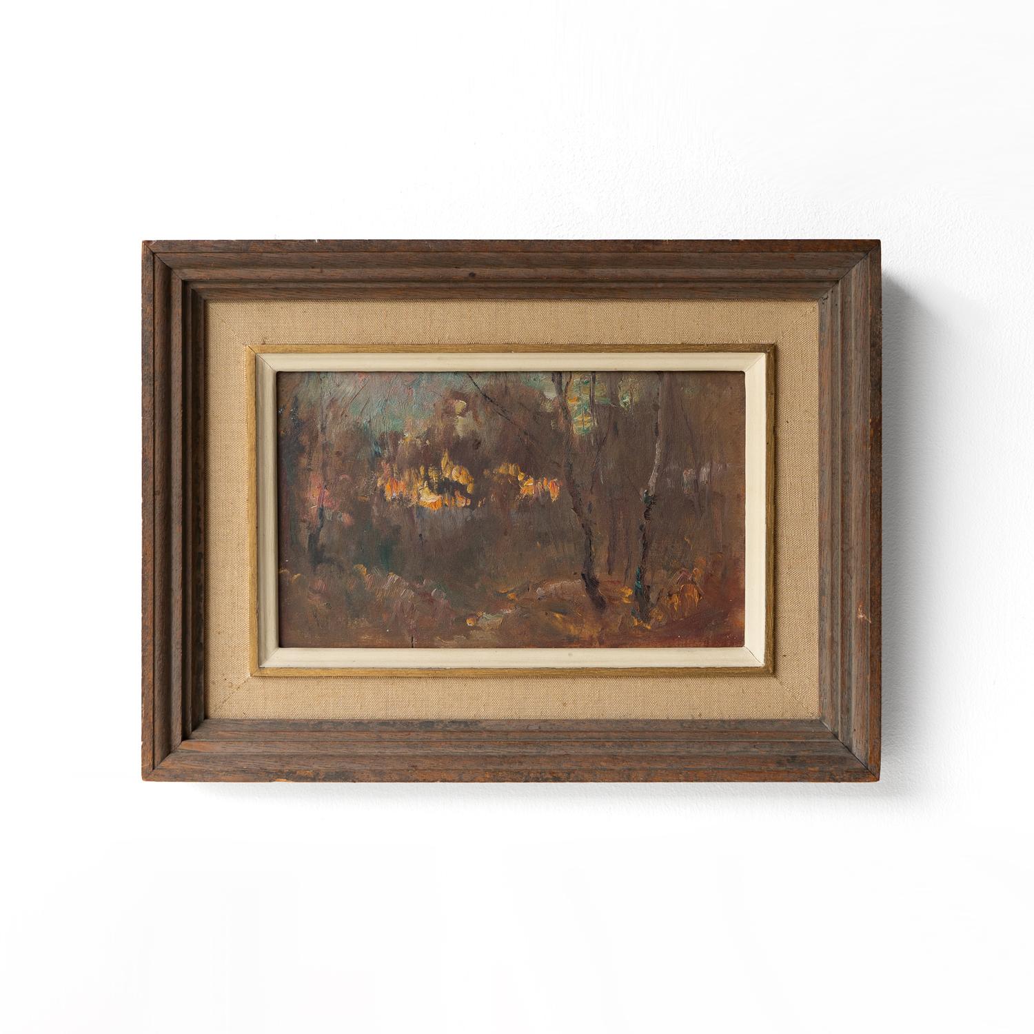 HUILE ANCIENNE ORIGINALE DE JAMES HERBERT SNELL (1861-1935)
Représentation d'un feu vu à travers les arbres dans un paysage hivernal aux teintes bleutées.

Peint dans un style impressionniste libre et confiant, typique du travail ultérieur de