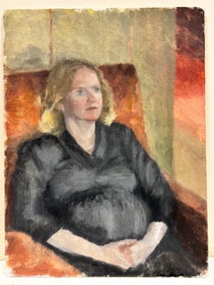 1960s English Impressionist Oil Portrait of Pregnant Lady