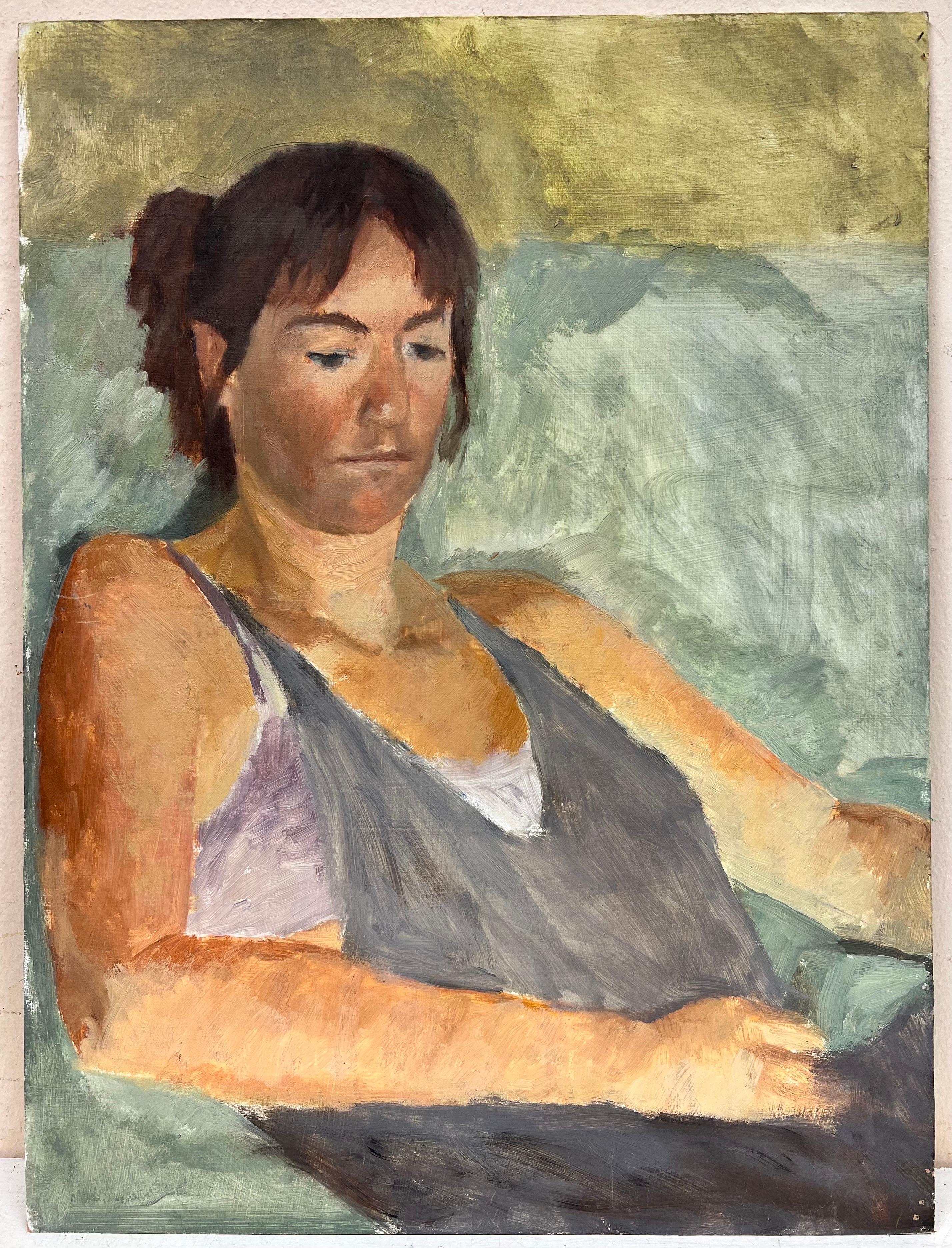 1960s English Impressionist Oil Young Lady slumped in chair For Sale 1