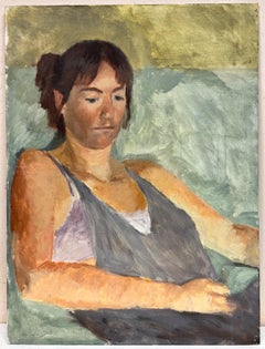 1960s English Impressionist Oil Young Lady slumped in chair