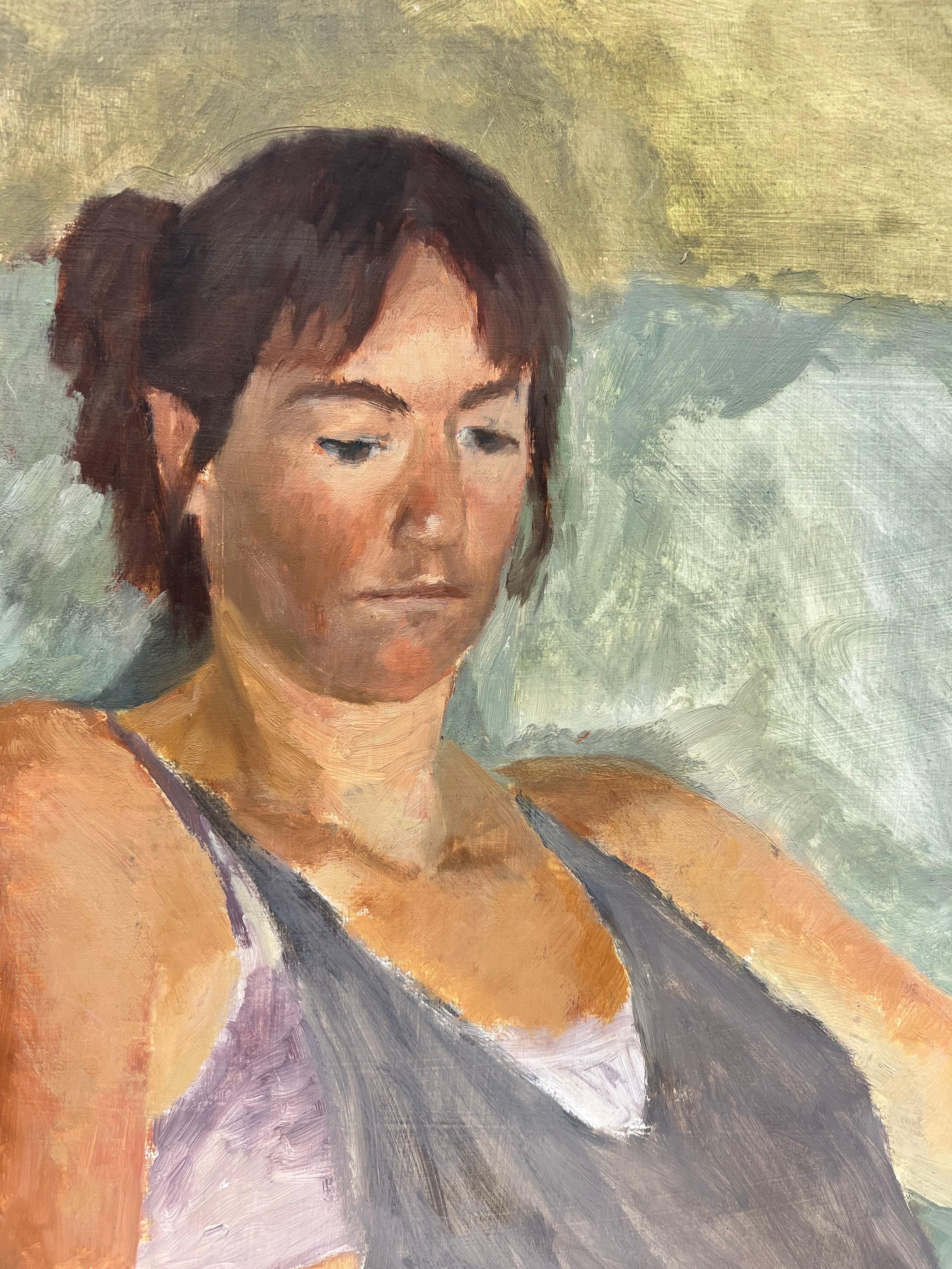 1960s English Impressionist Oil Young Lady slumped in chair For Sale 2