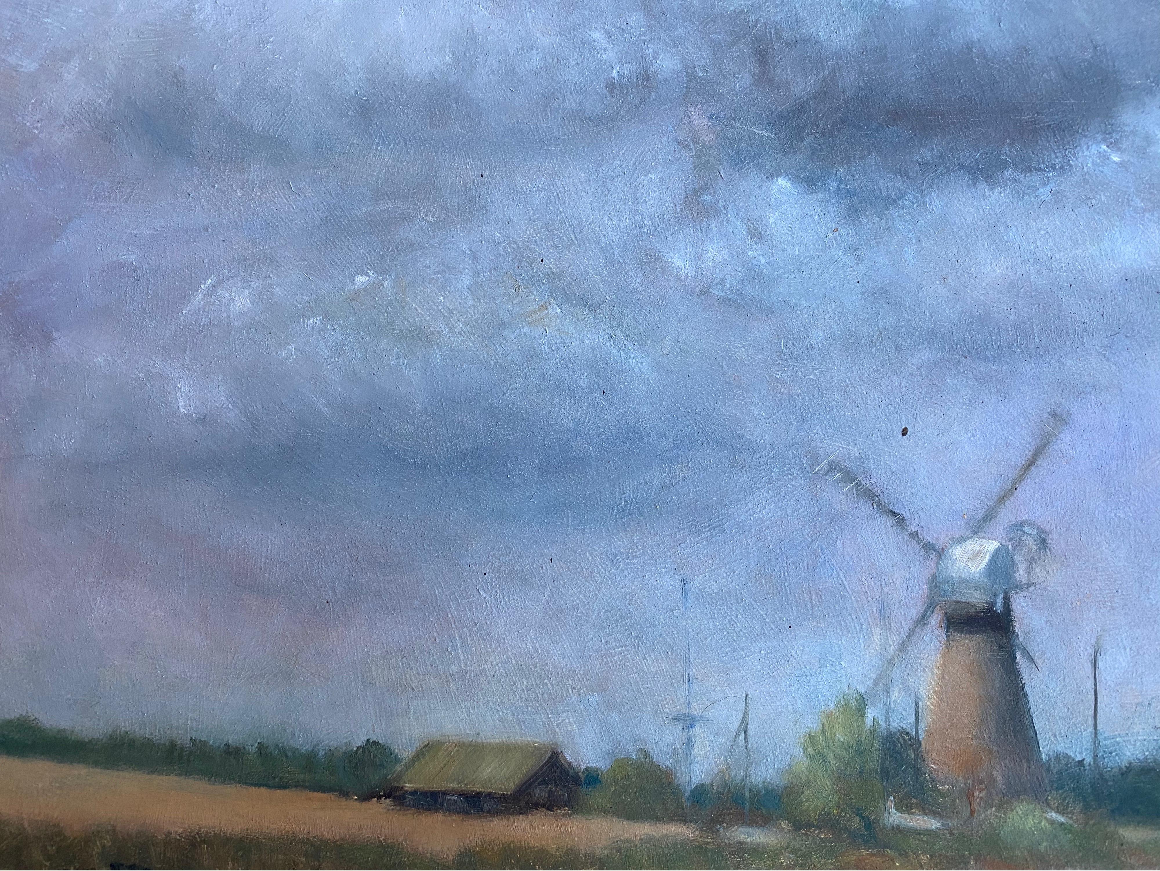 Artist: English Impressionist

Title: Windmill under Blue Skies

Medium: oil painting on board, unframed

Size: painting: 12 x 14 inches

Provenance: private collection, England

Condition: overall very good