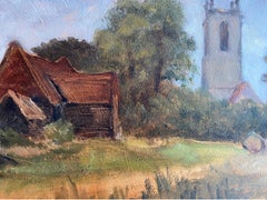 Englisches Ölgemälde des 20. Jahrhunderts – ländliche Kirche in Erntefeldlandschaft