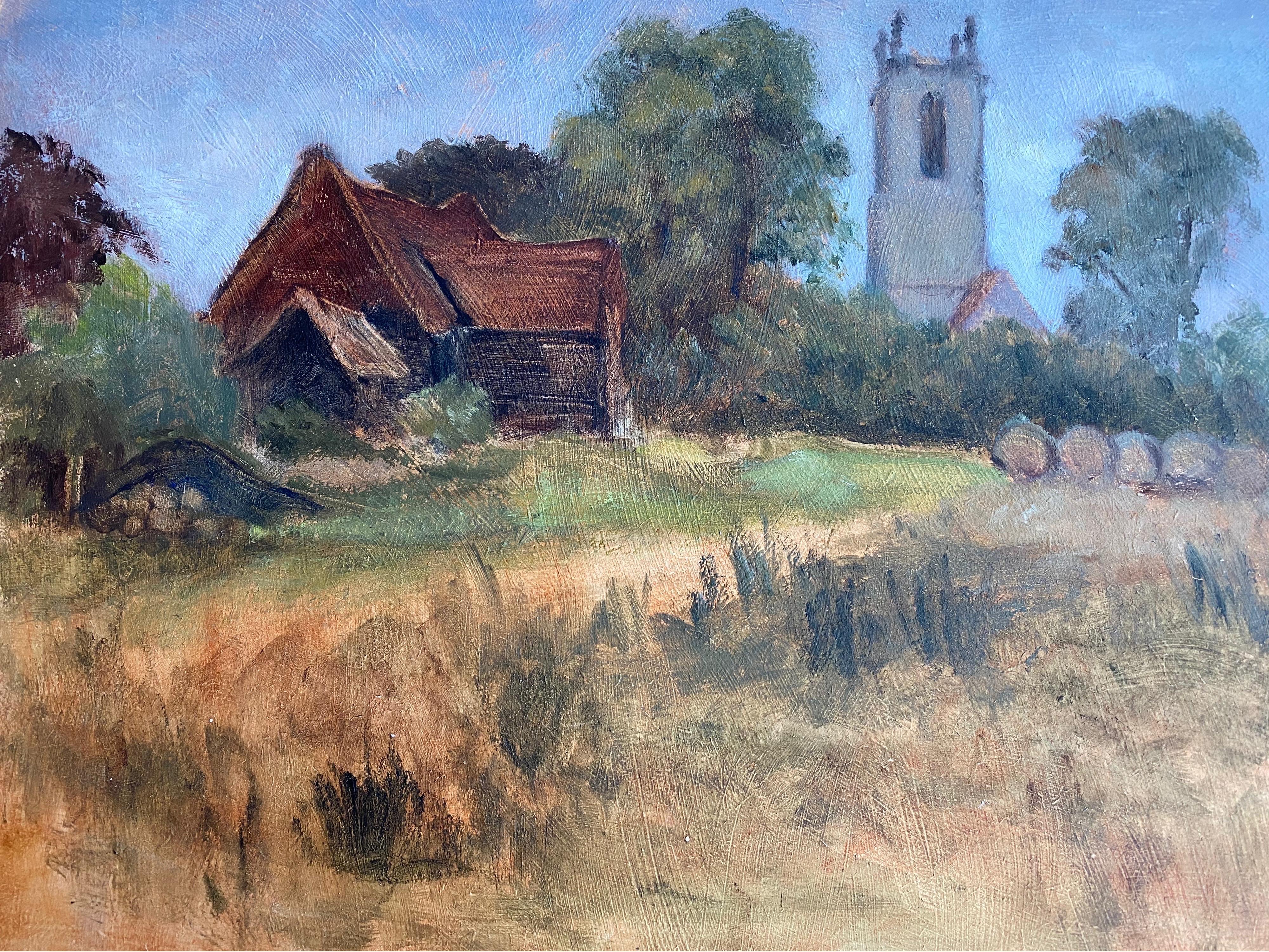 English Impressionist Landscape Painting - 20th Century English Oil Painting - Rural Church in Harvest Field Landscape