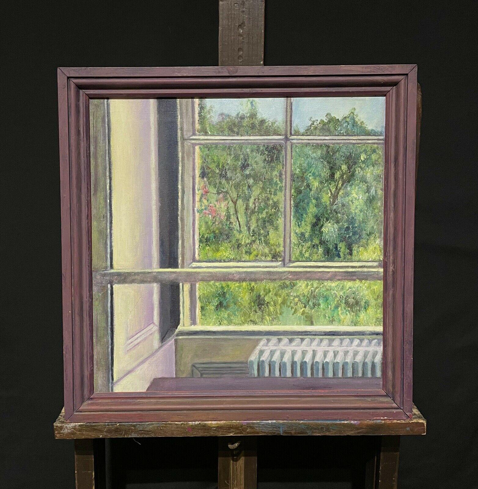 Une pièce avec une vue sur un jardin, huile impressionniste anglaise d'origine - Painting de English Impressionist