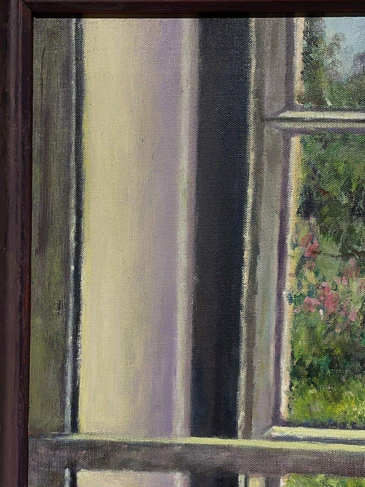 Une pièce avec une vue sur un jardin, huile impressionniste anglaise d'origine - Impressionnisme Painting par English Impressionist