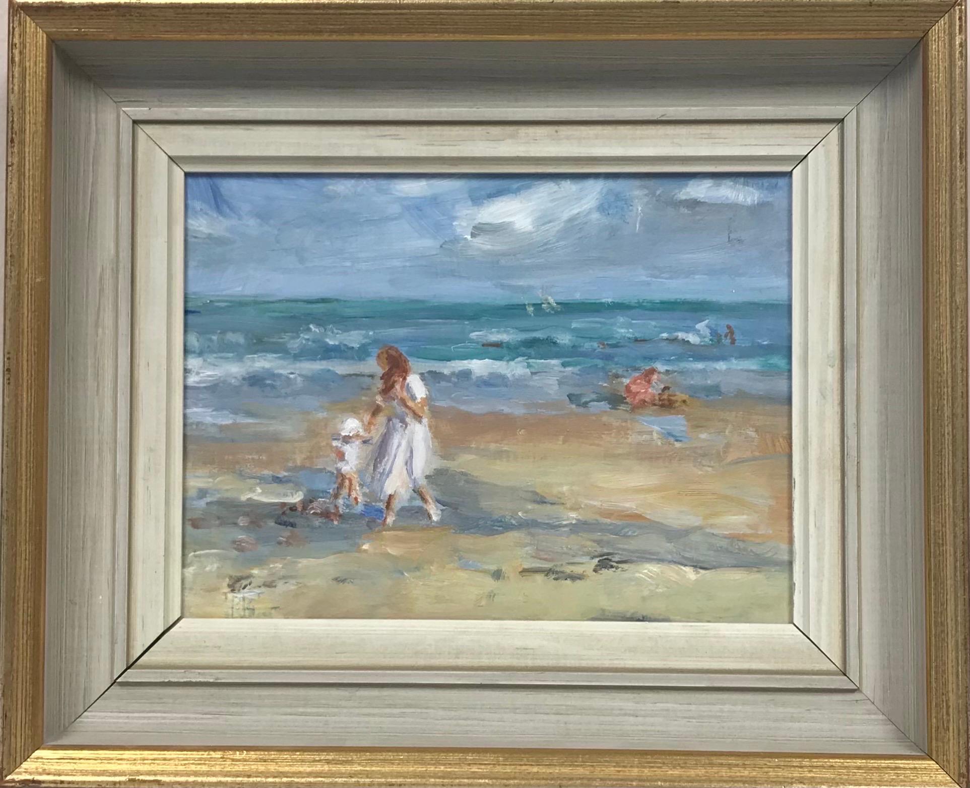 Bellissimo olio firmato English Impressionist, Madre e figlia che giocano sulla spiaggia 1