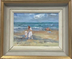 Signiertes Ölgemälde, Mutter und Tochter am Strand spielen, englischer Impressionist