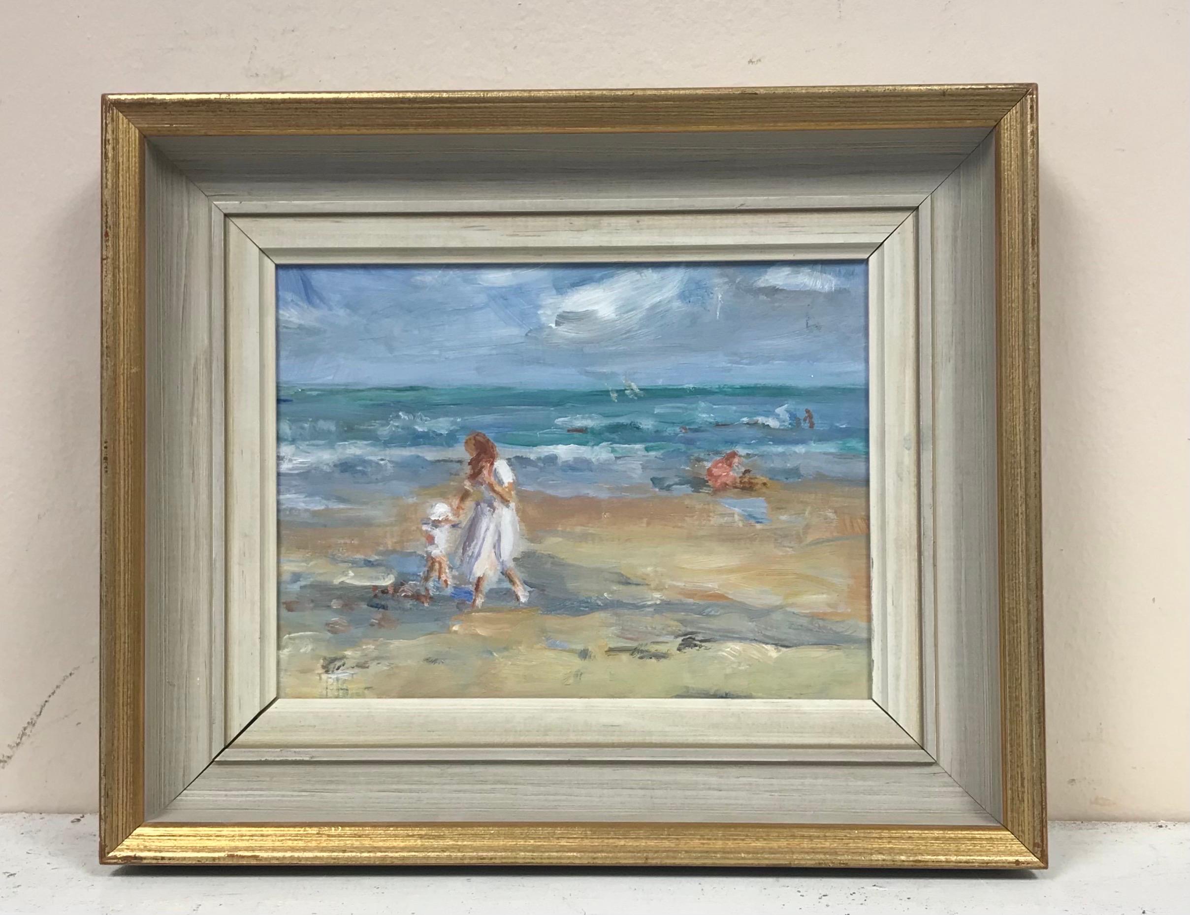 Bellissimo olio firmato English Impressionist, Madre e figlia che giocano sulla spiaggia 2