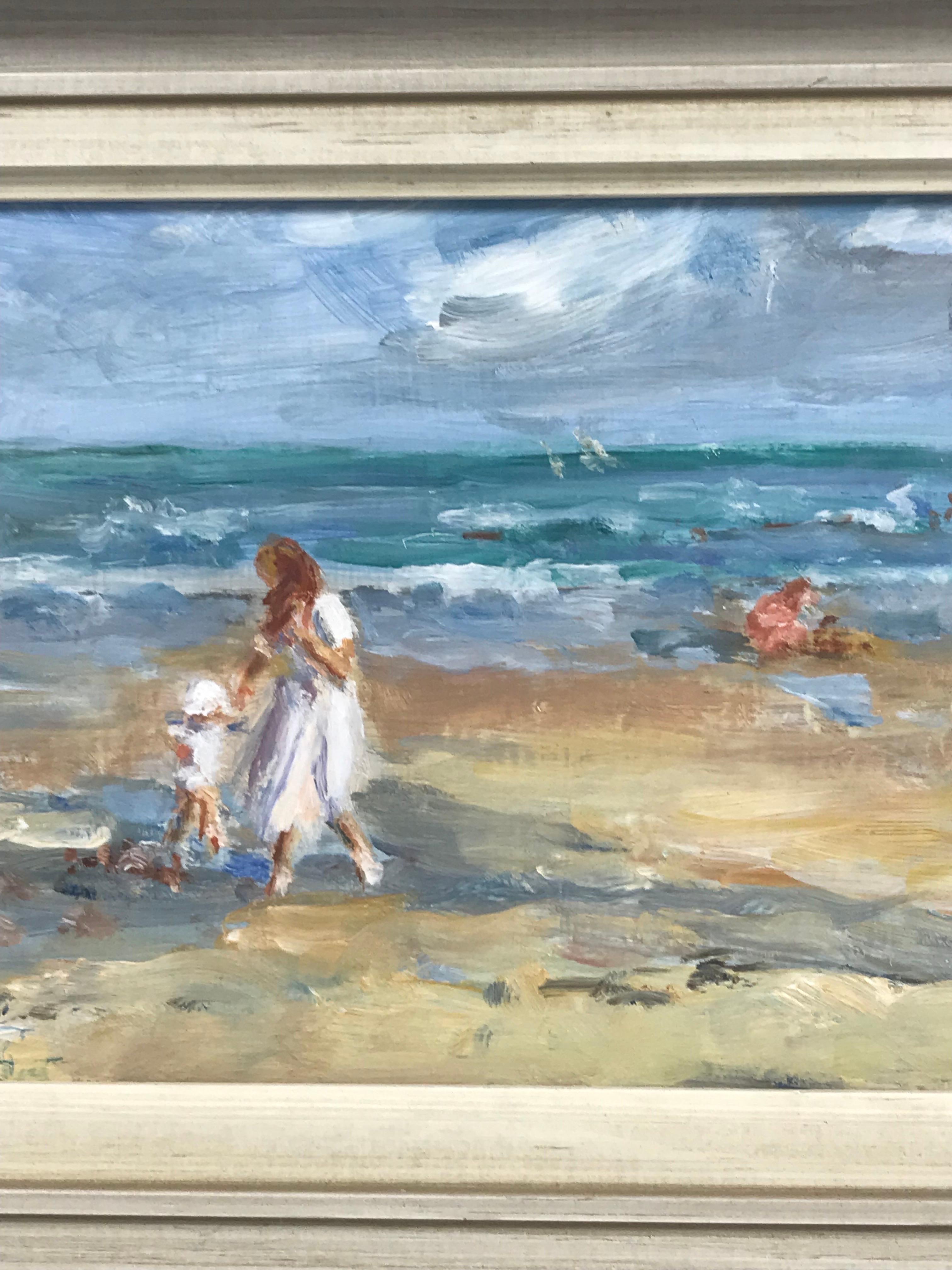 Bellissimo olio firmato English Impressionist, Madre e figlia che giocano sulla spiaggia 3