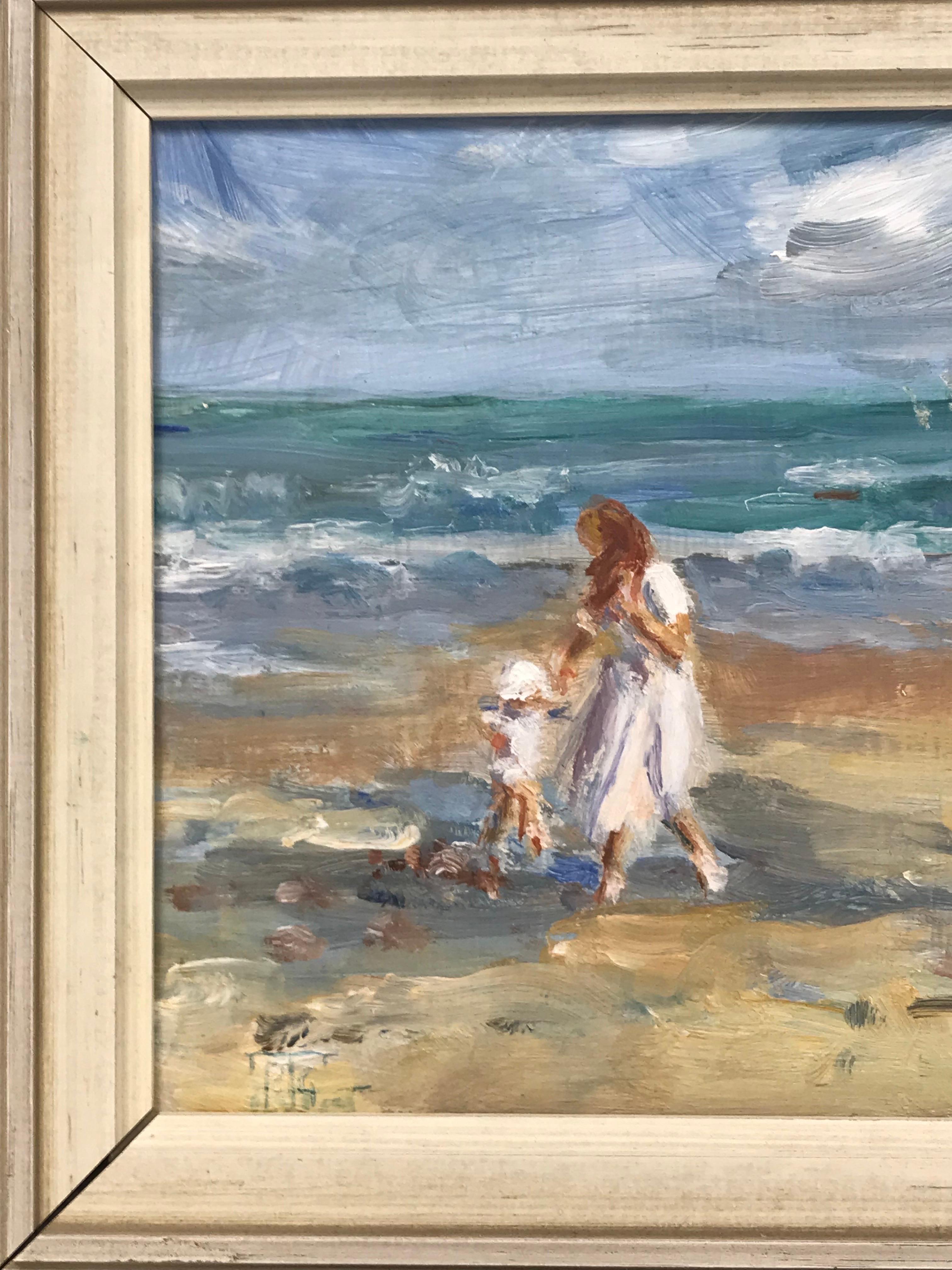Bellissimo olio firmato English Impressionist, Madre e figlia che giocano sulla spiaggia 4