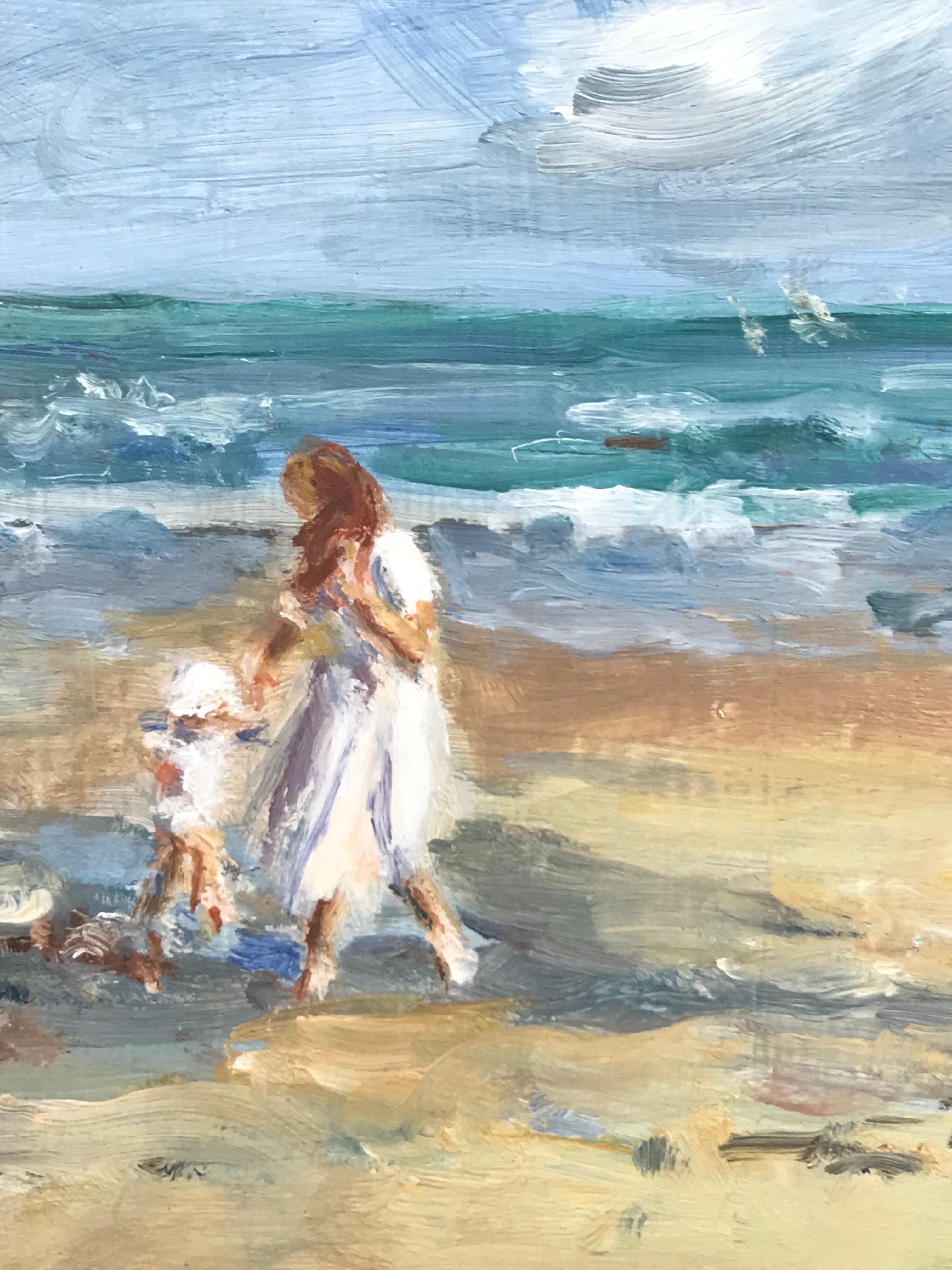 Bellissimo olio firmato English Impressionist, Madre e figlia che giocano sulla spiaggia 6