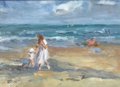 Magnifique huile impressionniste anglaise signée, mère et fille jouant à la plage