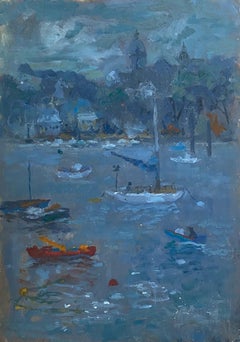 English Impressionist 20th Century Oil - Boats in Venice Canal