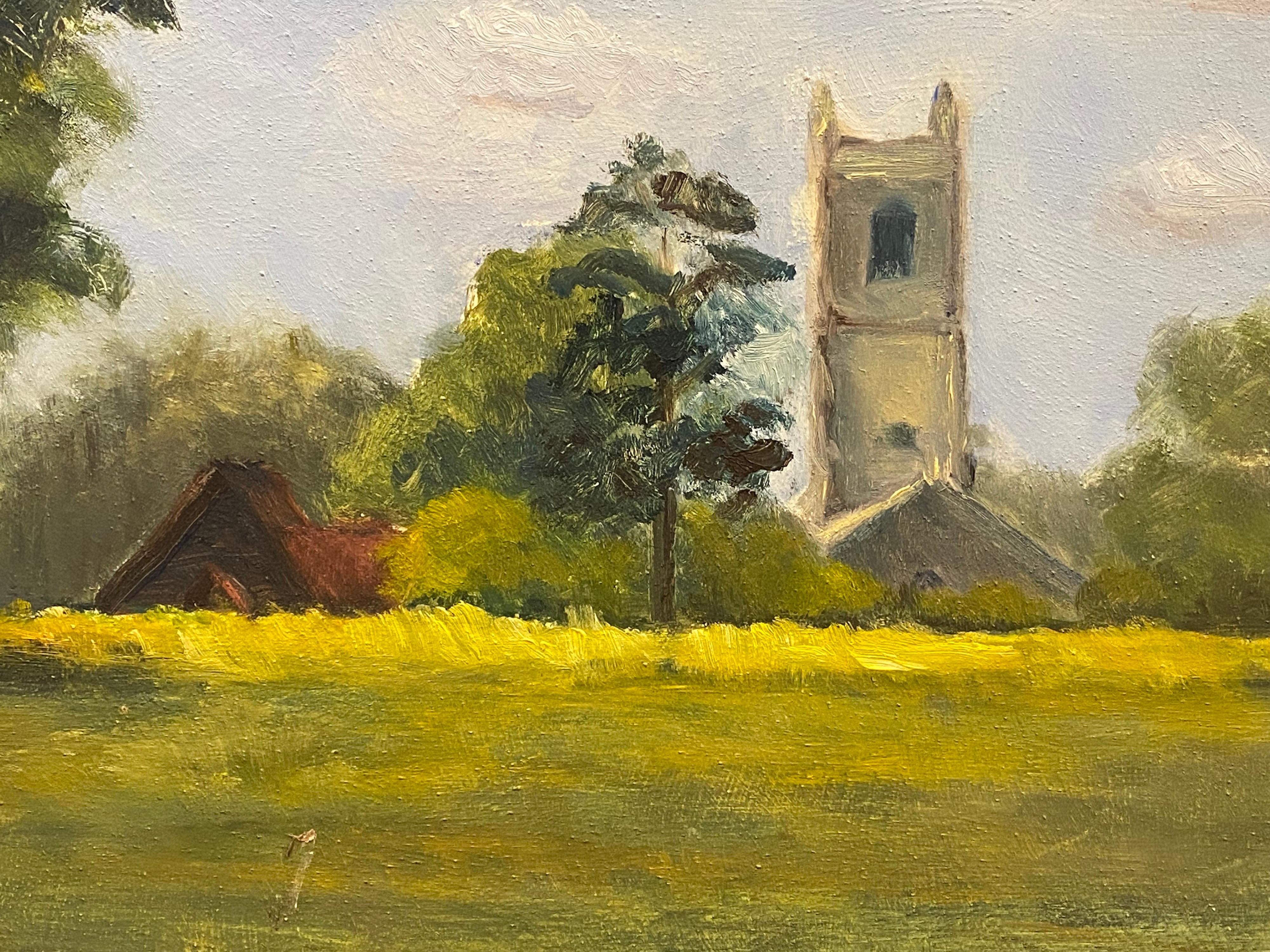 English Impressionist Oil Painting Country Church in Rural Landscape For Sale 1