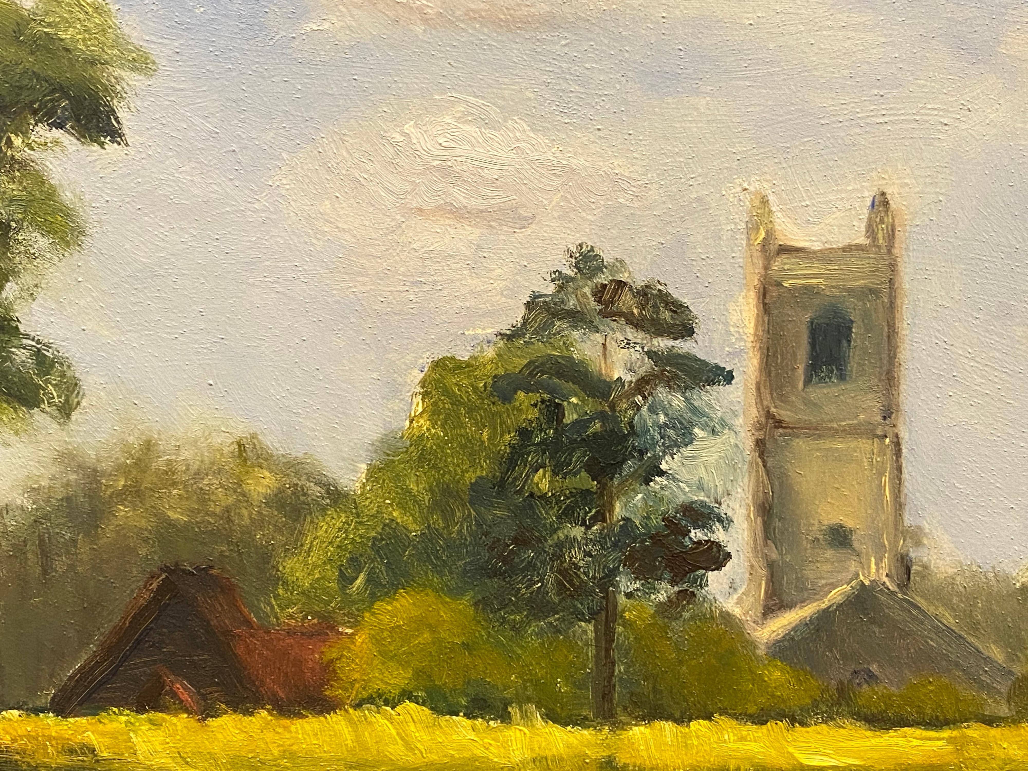 English Impressionist Oil Painting Country Church in Rural Landscape For Sale 2