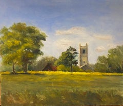 Peinture à l'huile impressionniste anglaise d'une église champêtre dans un paysage rural