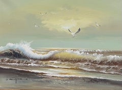 English Impressionist Signiert Ölgemälde Möwe Flying Rolling Sunset Waves