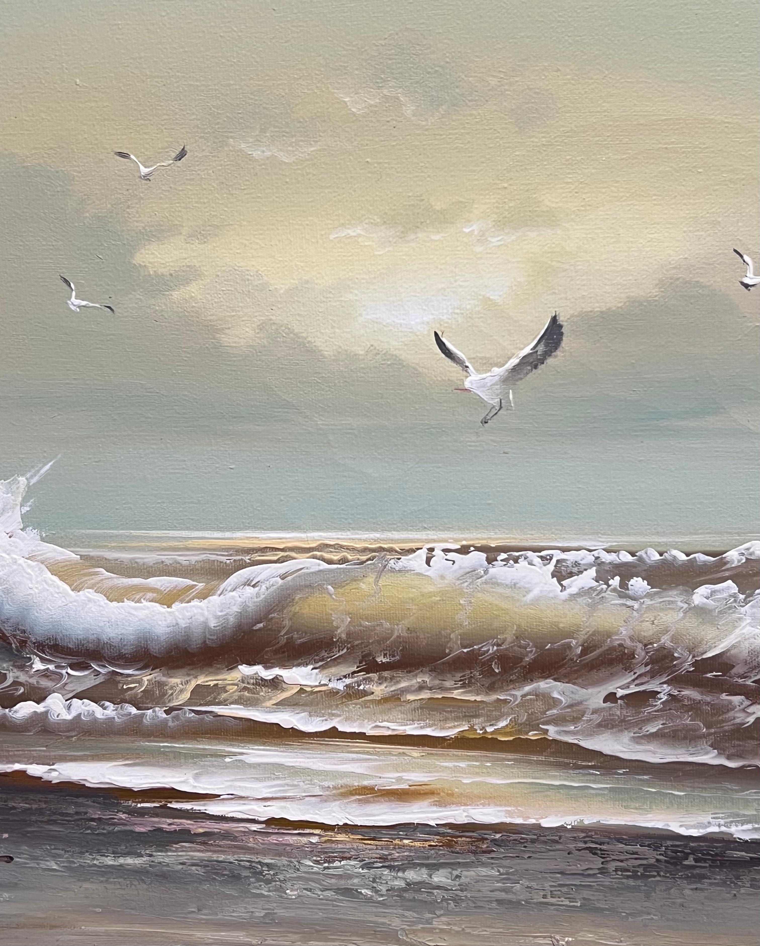 English Impressionist Signiert Ölgemälde Möwe Flying Rolling Sunset Waves im Angebot 2