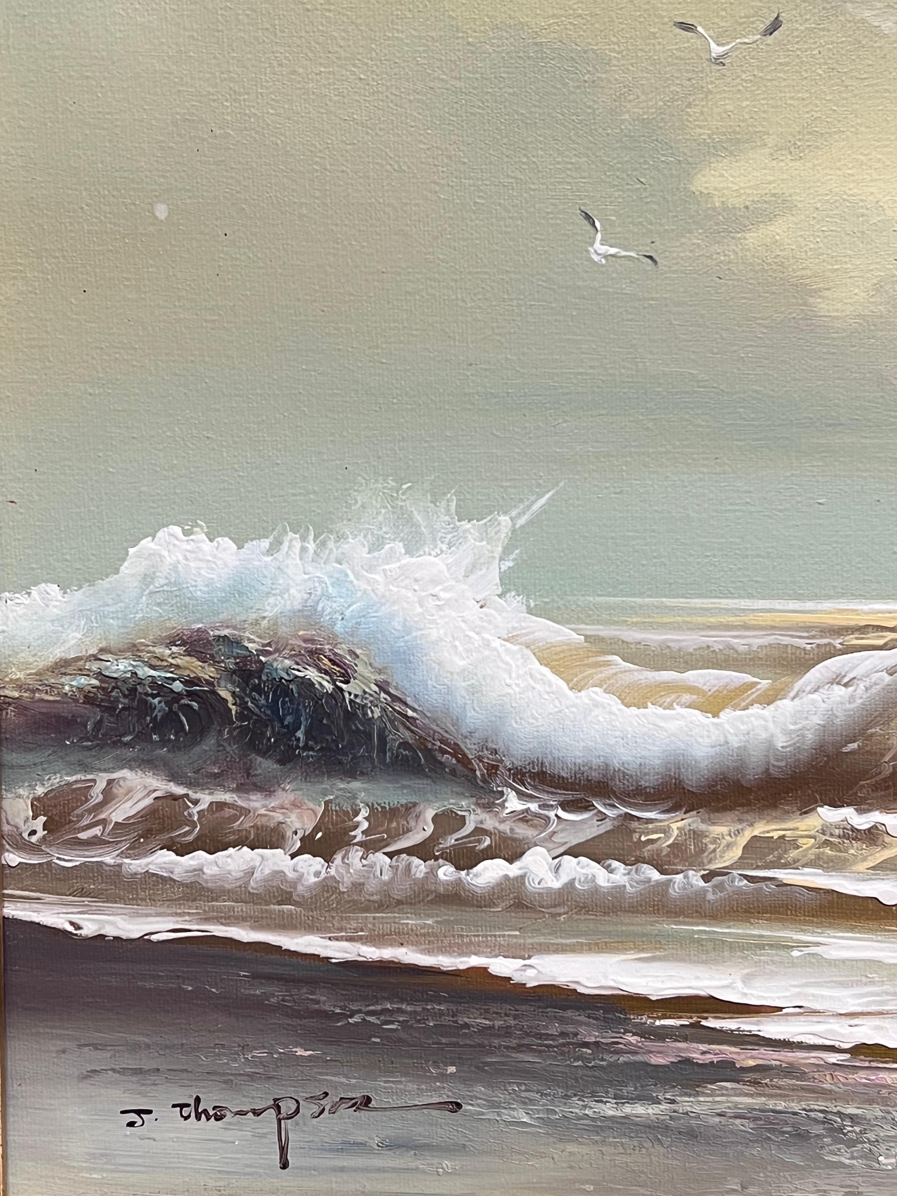 English Impressionist Signiert Ölgemälde Möwe Flying Rolling Sunset Waves im Angebot 3