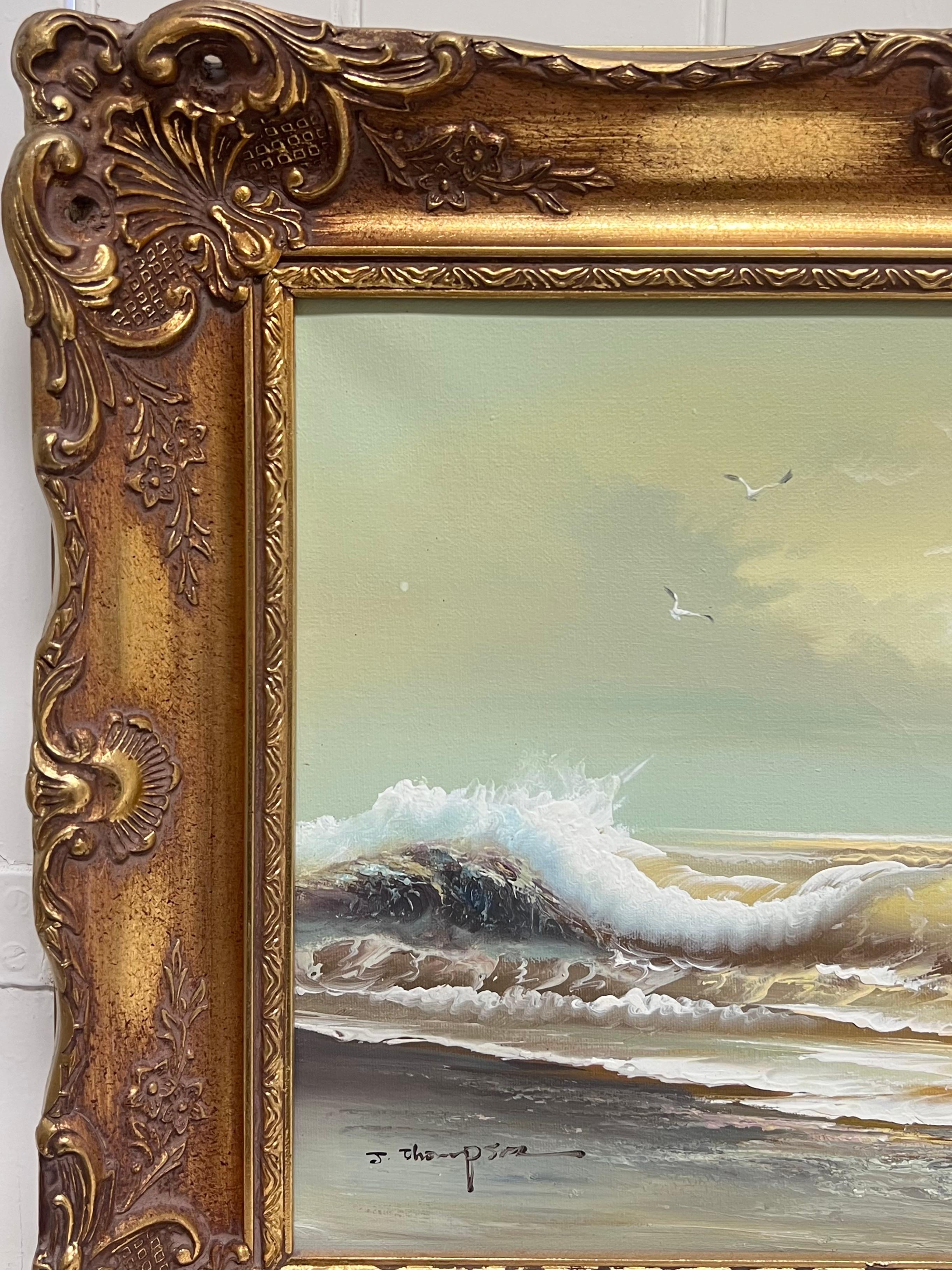 English Impressionist Signiert Ölgemälde Möwe Flying Rolling Sunset Waves im Angebot 4