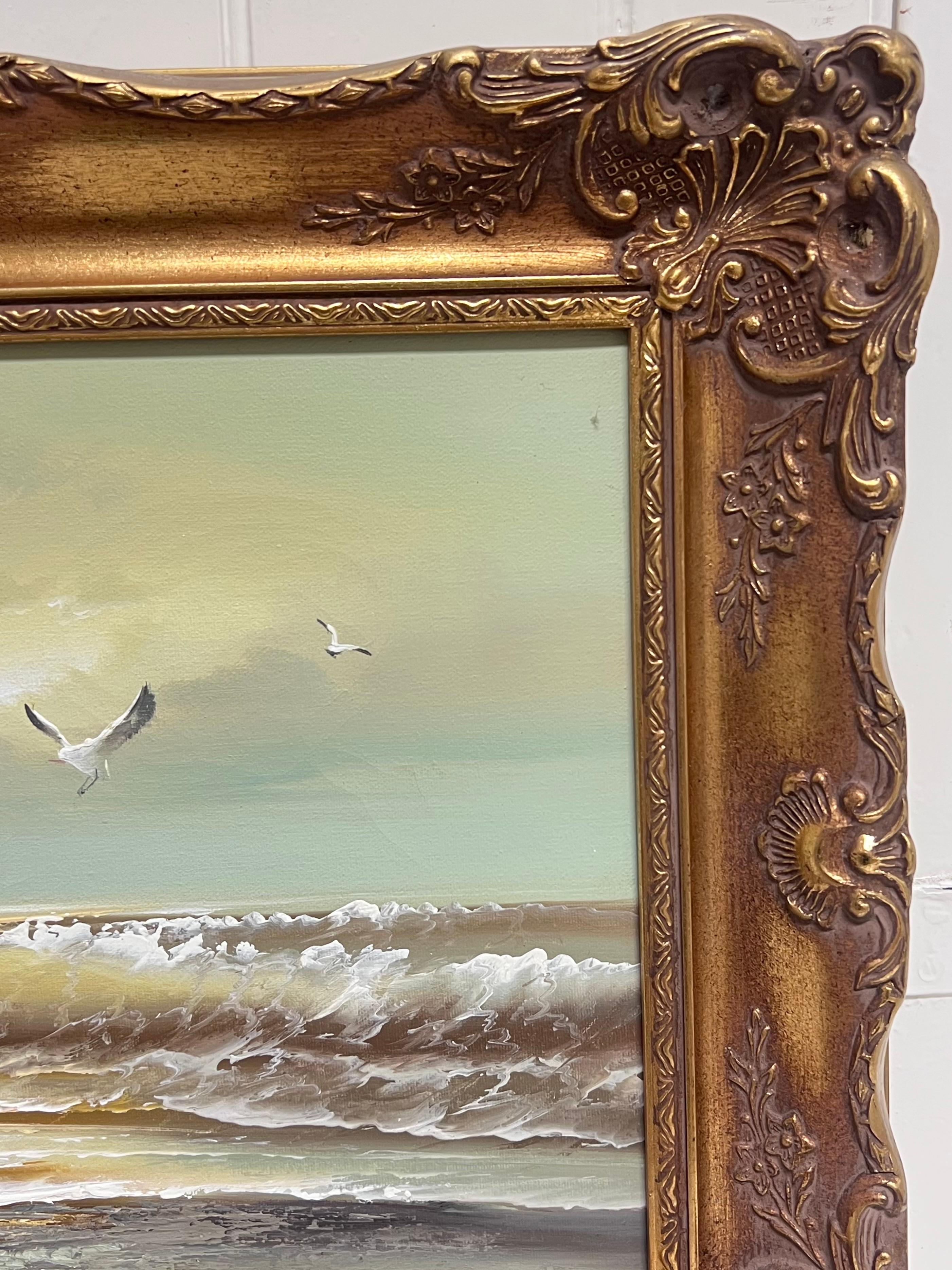 English Impressionist Signiert Ölgemälde Möwe Flying Rolling Sunset Waves im Angebot 5