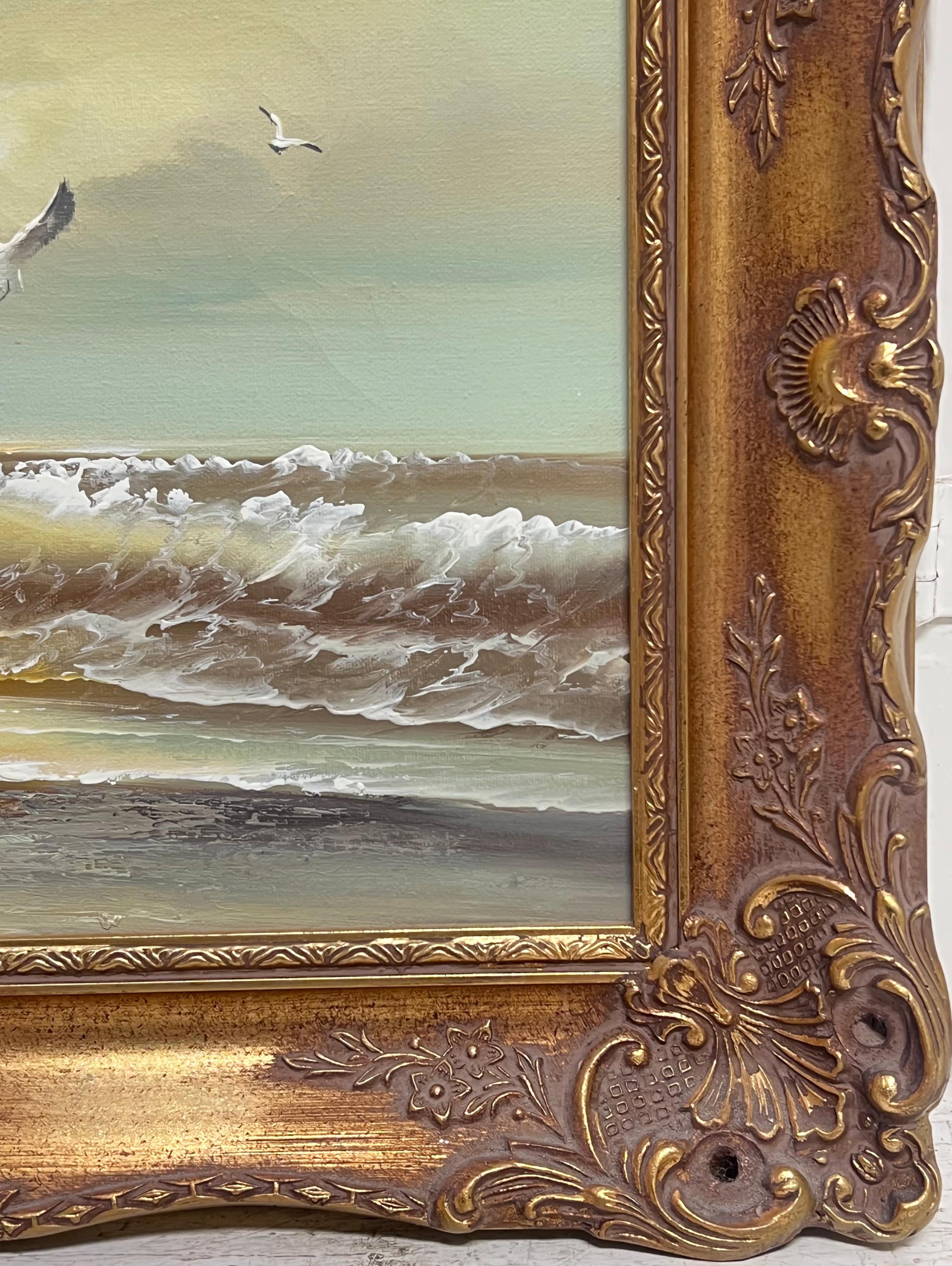 English Impressionist Signiert Ölgemälde Möwe Flying Rolling Sunset Waves im Angebot 7