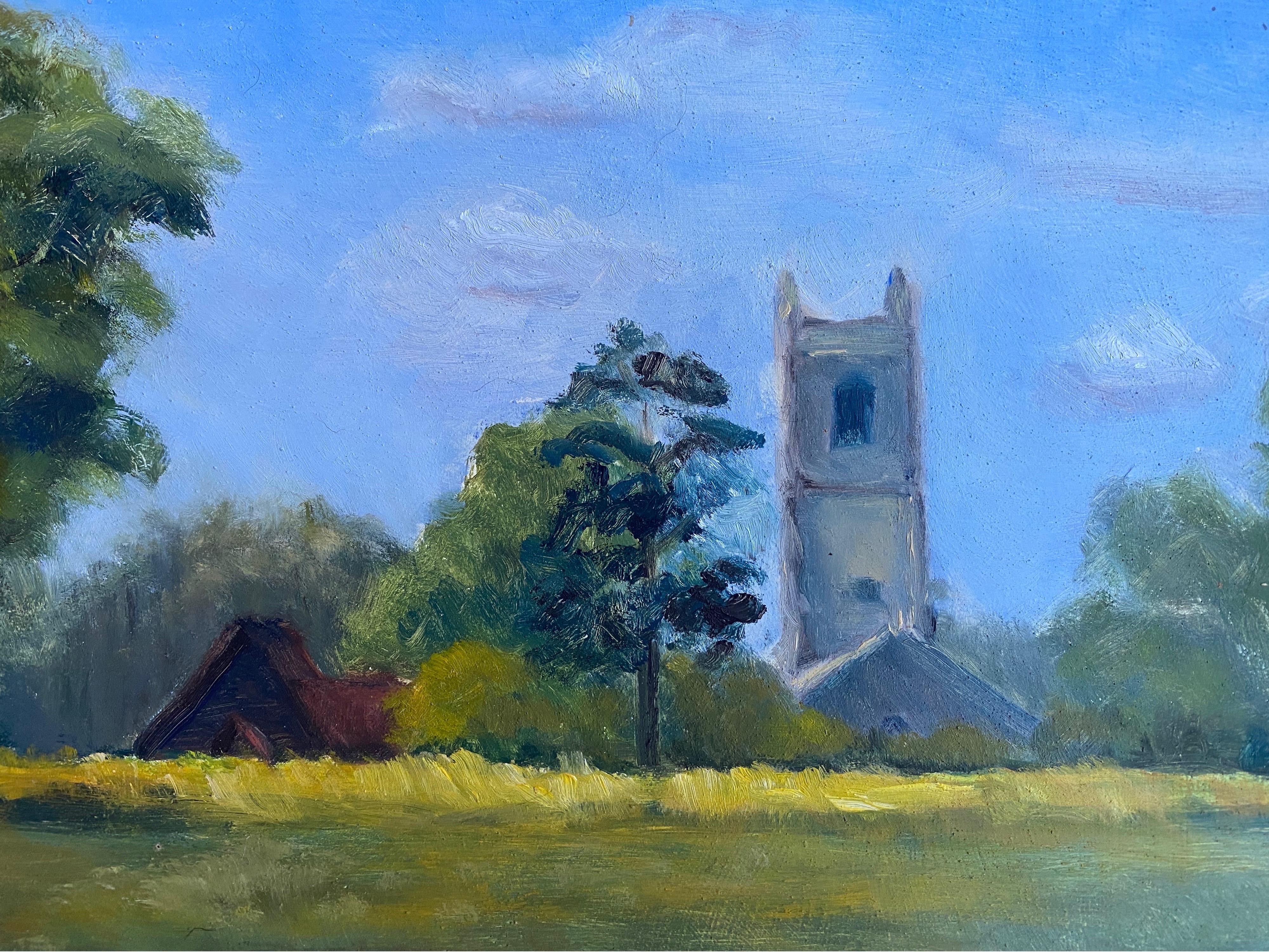 English Parish Church in Summer Landscape Rural Fields, 20th C English Oil  - Painting by English Impressionist