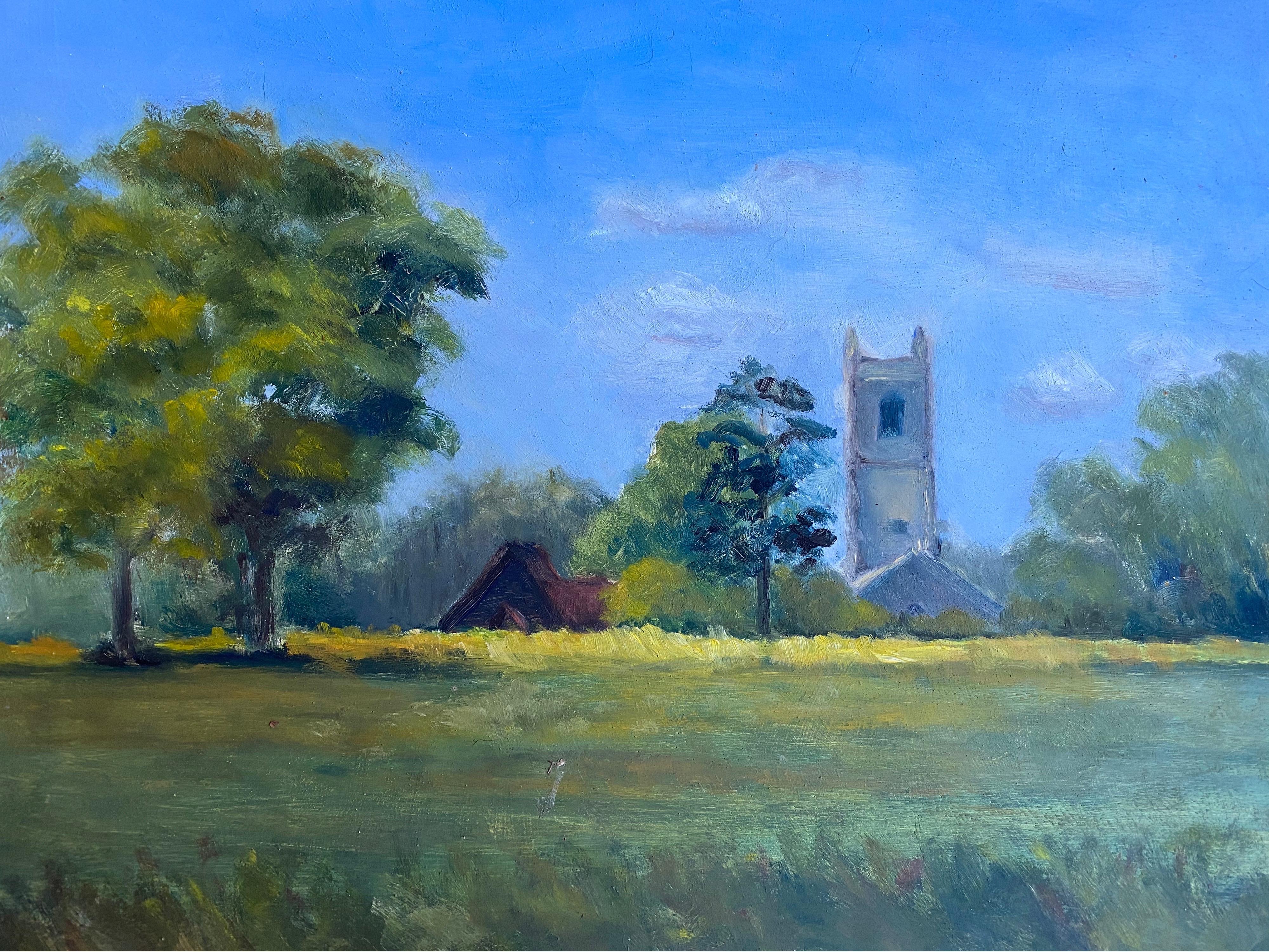 English Impressionist Landscape Painting - English Parish Church in Summer Landscape Rural Fields, 20th C English Oil 