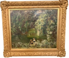 Impressionist Oil painting of Children playing by a river landscape, England