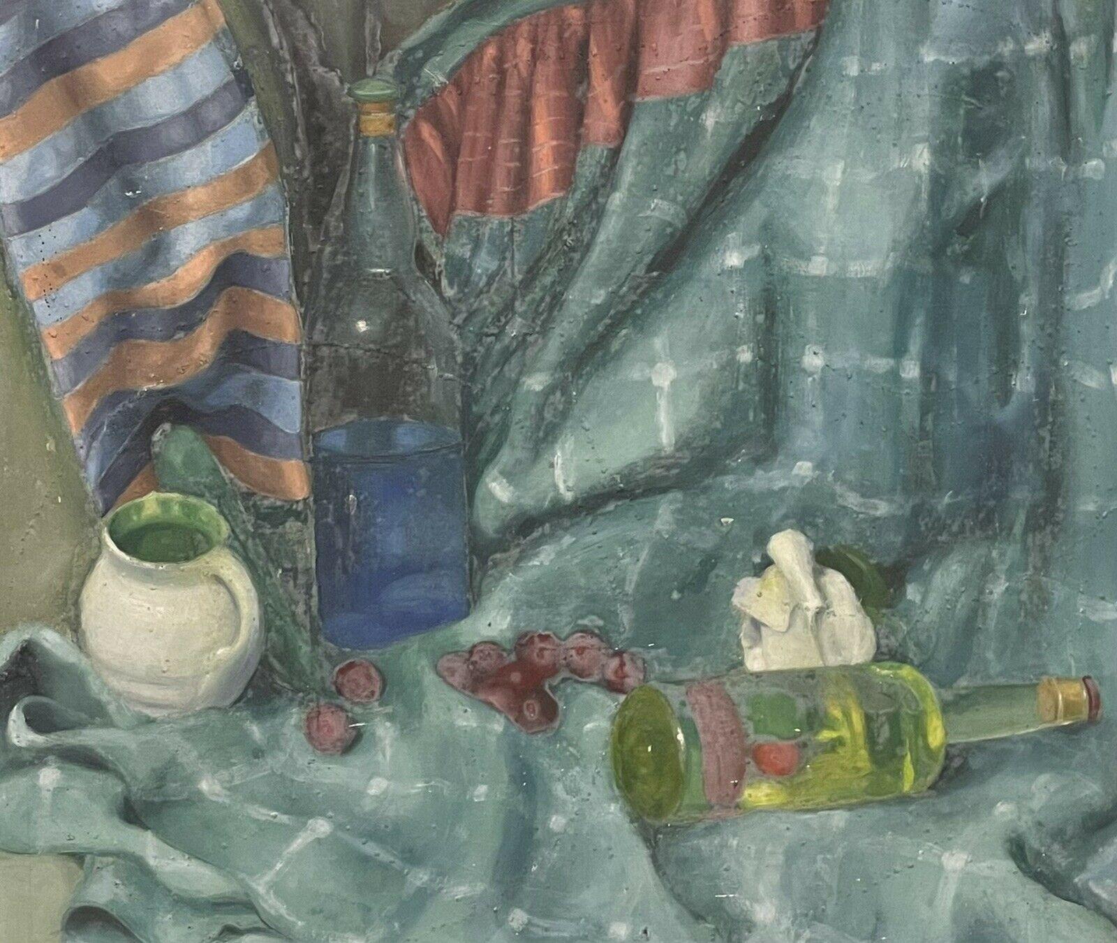 Artist/ School: English School, 20th century

Title: Still life interior scene, with objects against a teal blue/ green backdrop. 

Medium: oil painting on board, framed.

framed: 17.75 x 20.25 inches
canvas:  16 x 18.75 inches

Provenance: private