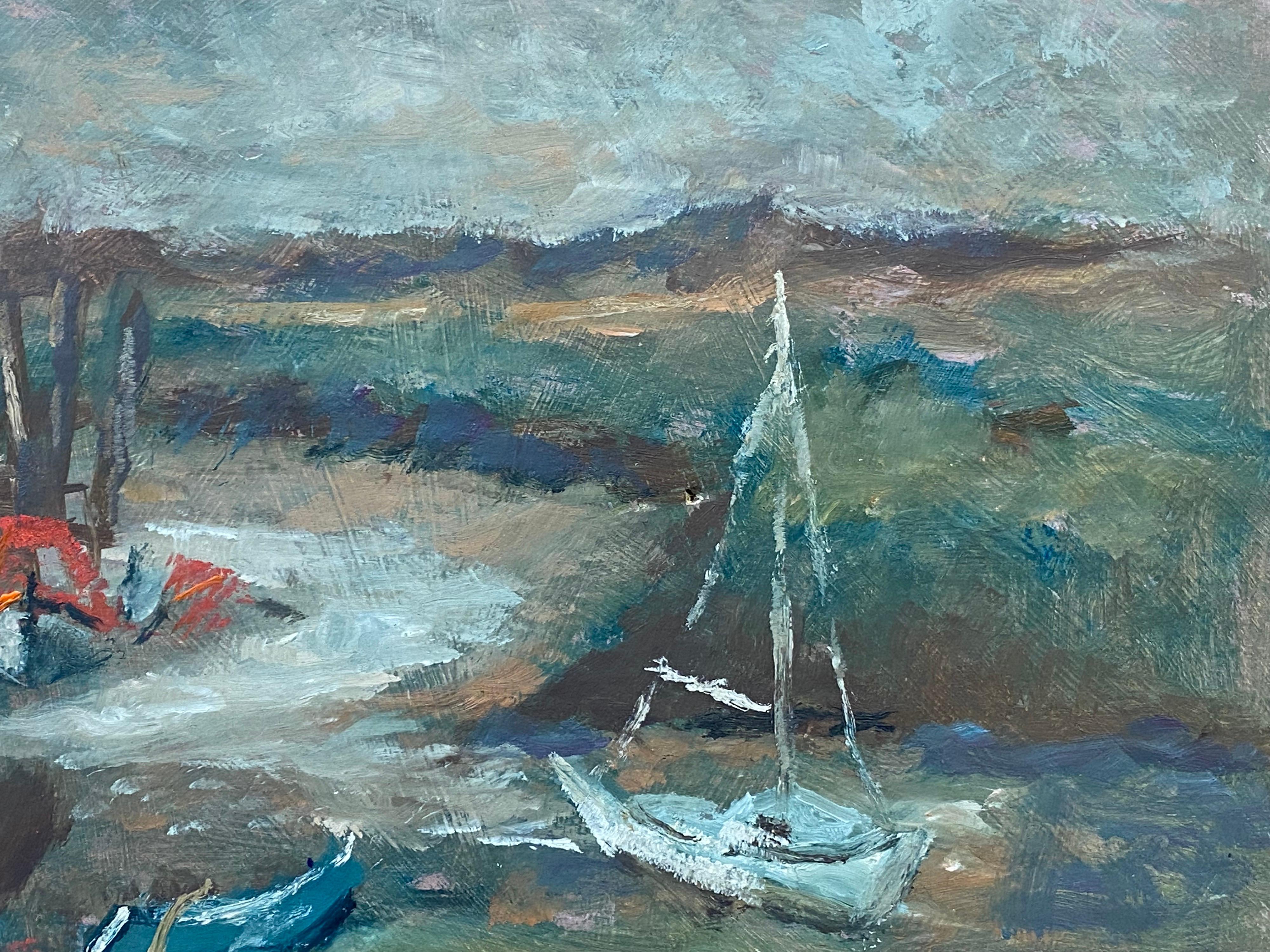 Marshland Estuary Scene, British oil painting Impressionist - Gray Landscape Painting by English Impressionist