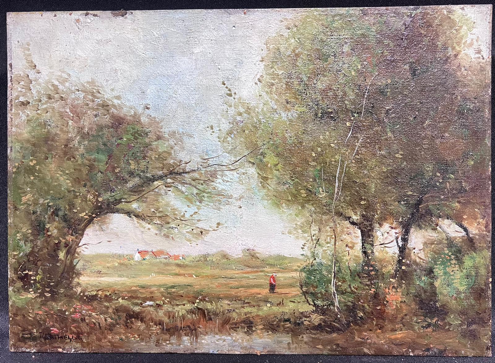 Mid 20th Century English Impressionist Signed Oil Painting Figure by Wispy Trees For Sale 1