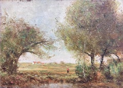 Vintage Mid 20th Century English Impressionist Signed Oil Painting Figure by Wispy Trees