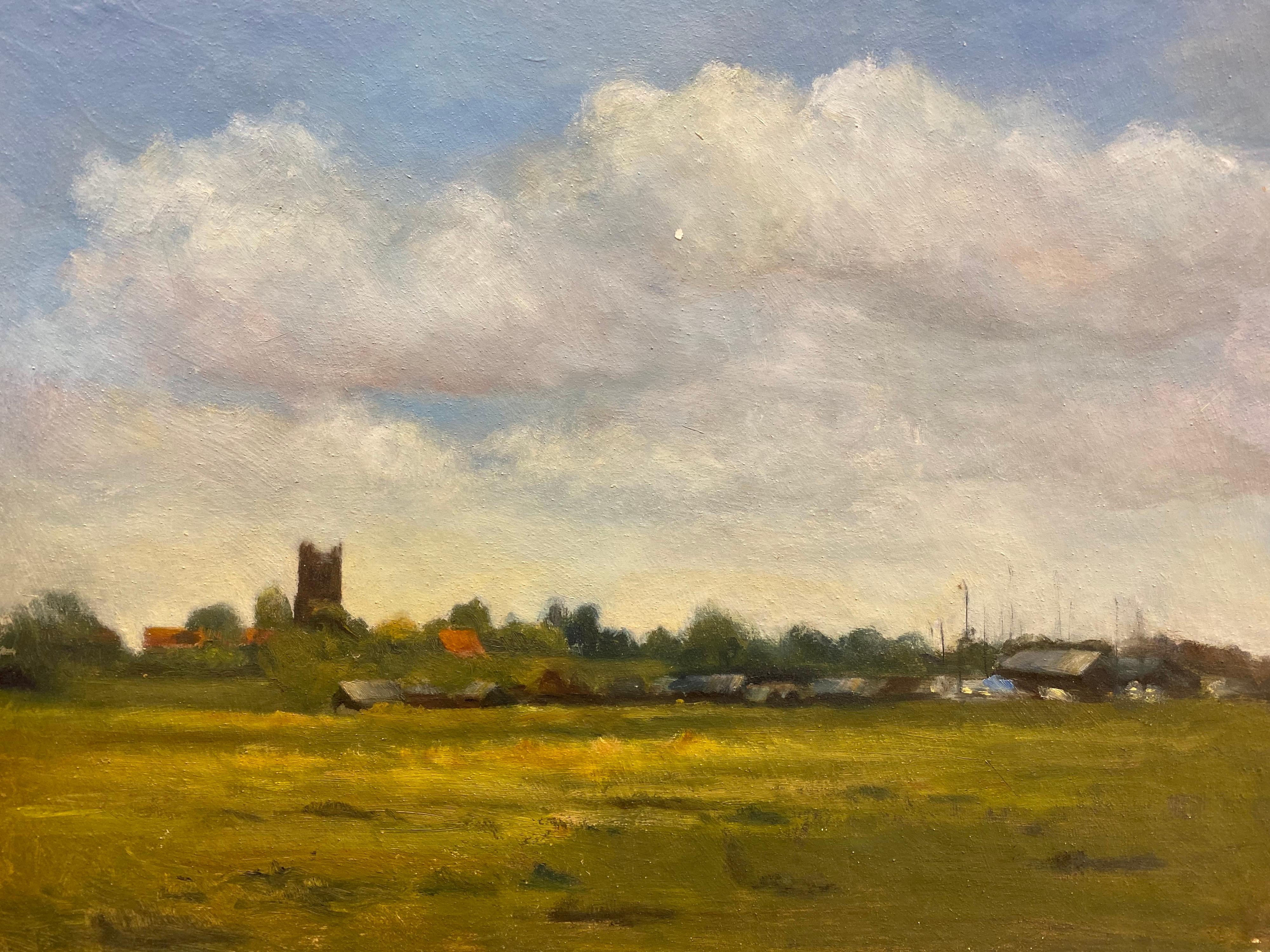 English Impressionist Landscape Painting - Rural English Landscape with old Church Tower in Distance