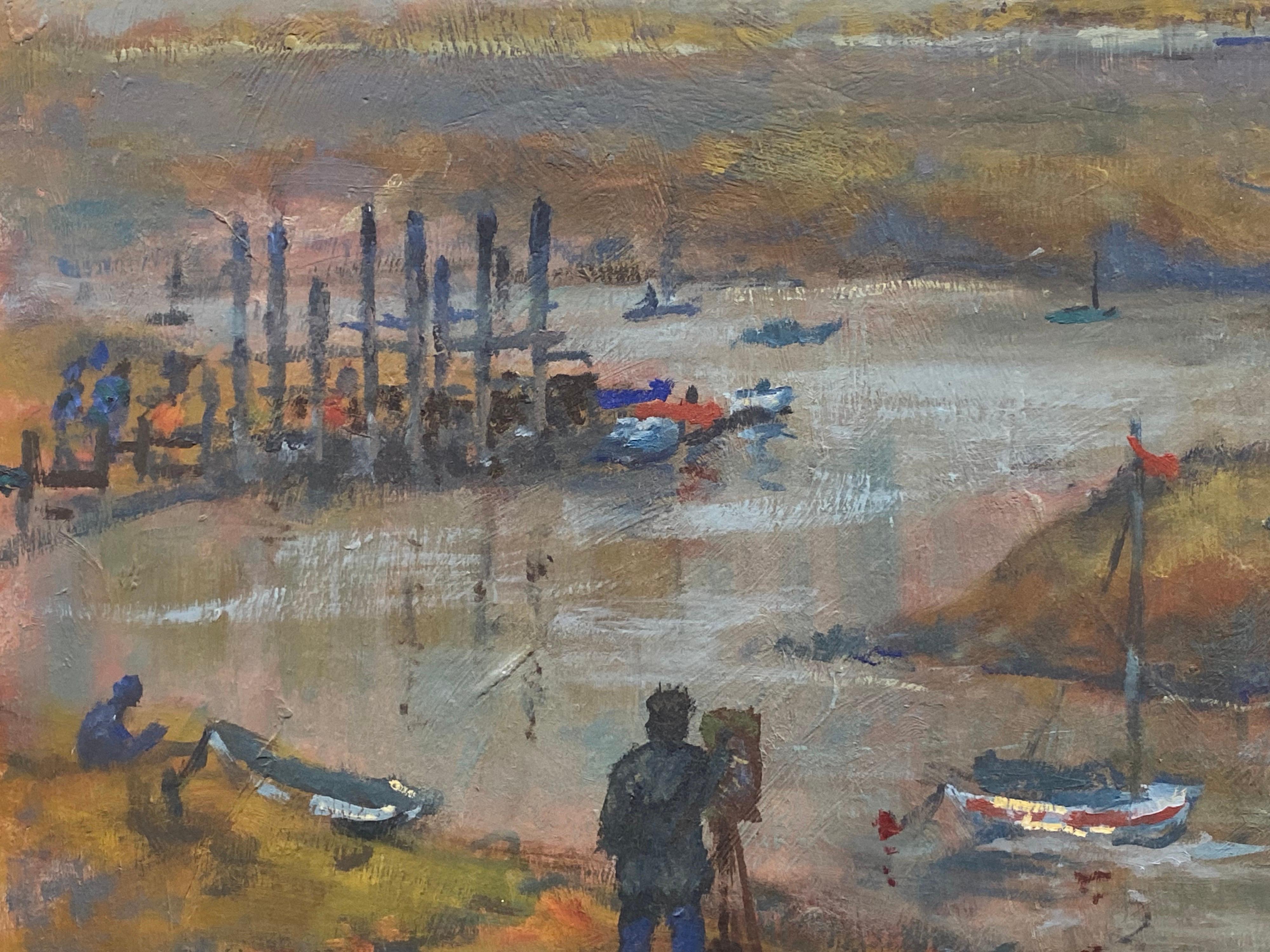Peinture à l'huile impressionniste anglaise vintage - Peinture d'un artiste par Estuary Boats - Painting de English Impressionist