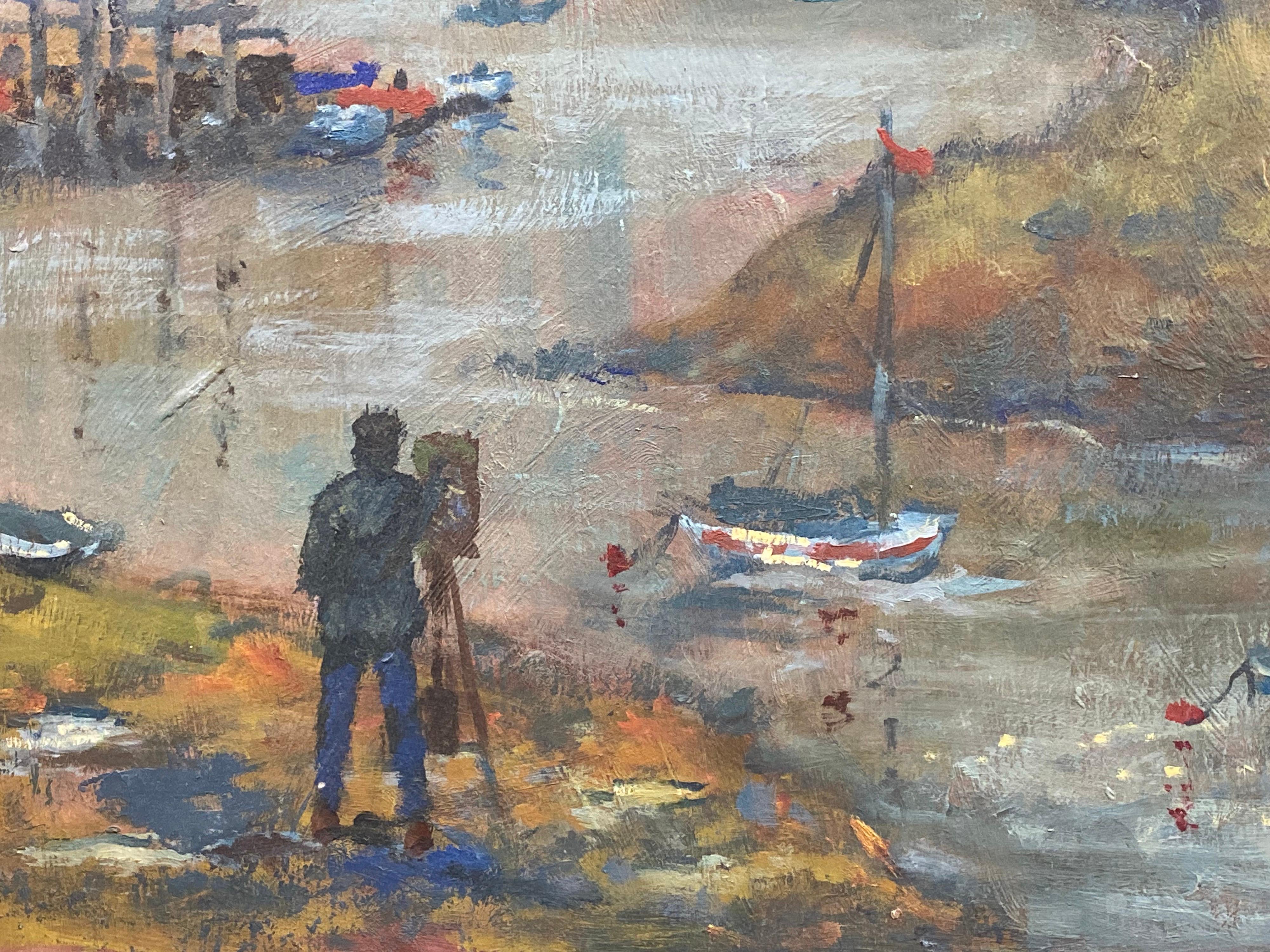 Peinture à l'huile impressionniste anglaise vintage - Peinture d'un artiste par Estuary Boats - Impressionnisme Painting par English Impressionist