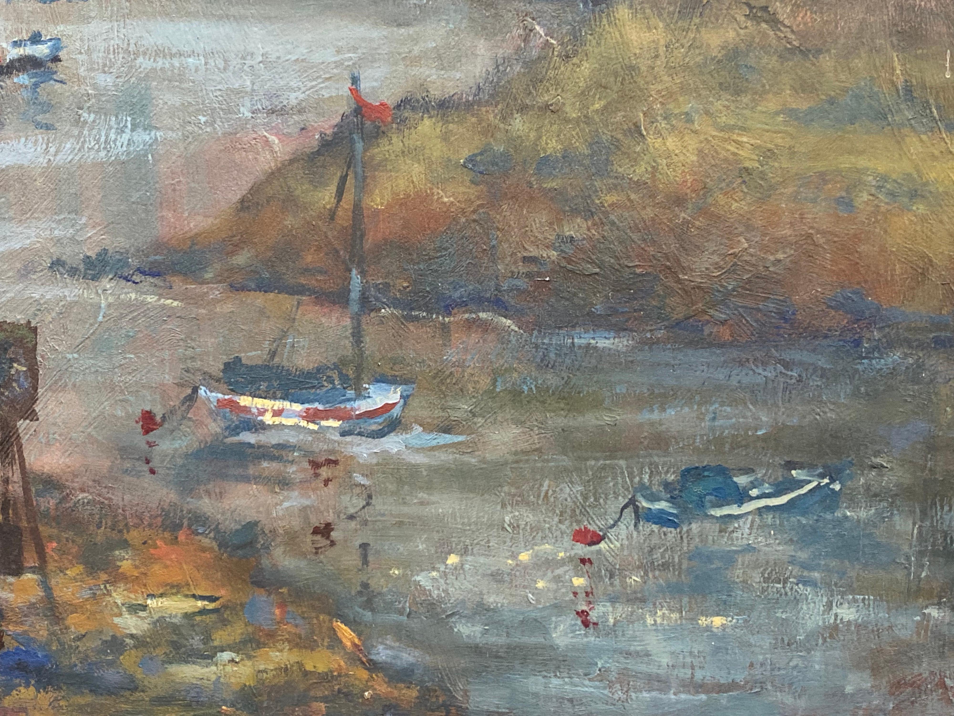 Peinture à l'huile impressionniste anglaise vintage - Peinture d'un artiste par Estuary Boats - Gris Landscape Painting par English Impressionist