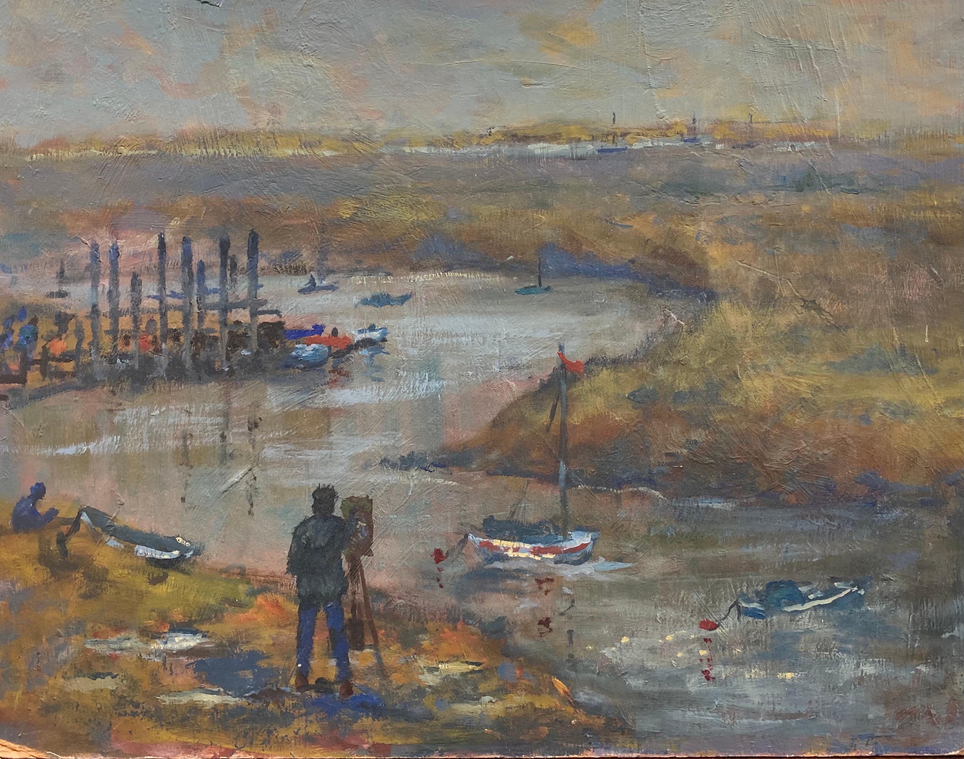 Landscape Painting English Impressionist - Peinture à l'huile impressionniste anglaise vintage - Peinture d'un artiste par Estuary Boats