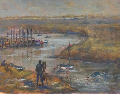 Vintage English Impressionist Oil Painting Artist Painting by Estuary Boats