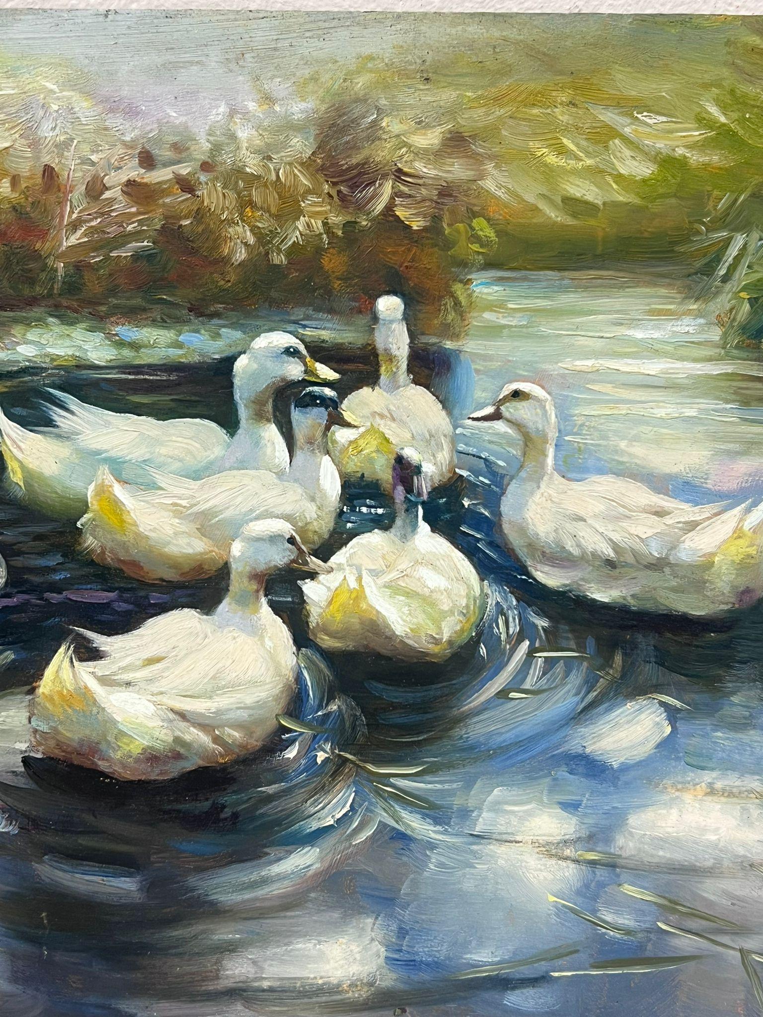 White Ducks Swimming in Pond Contemporary English Impressionist Oil Painting For Sale 1